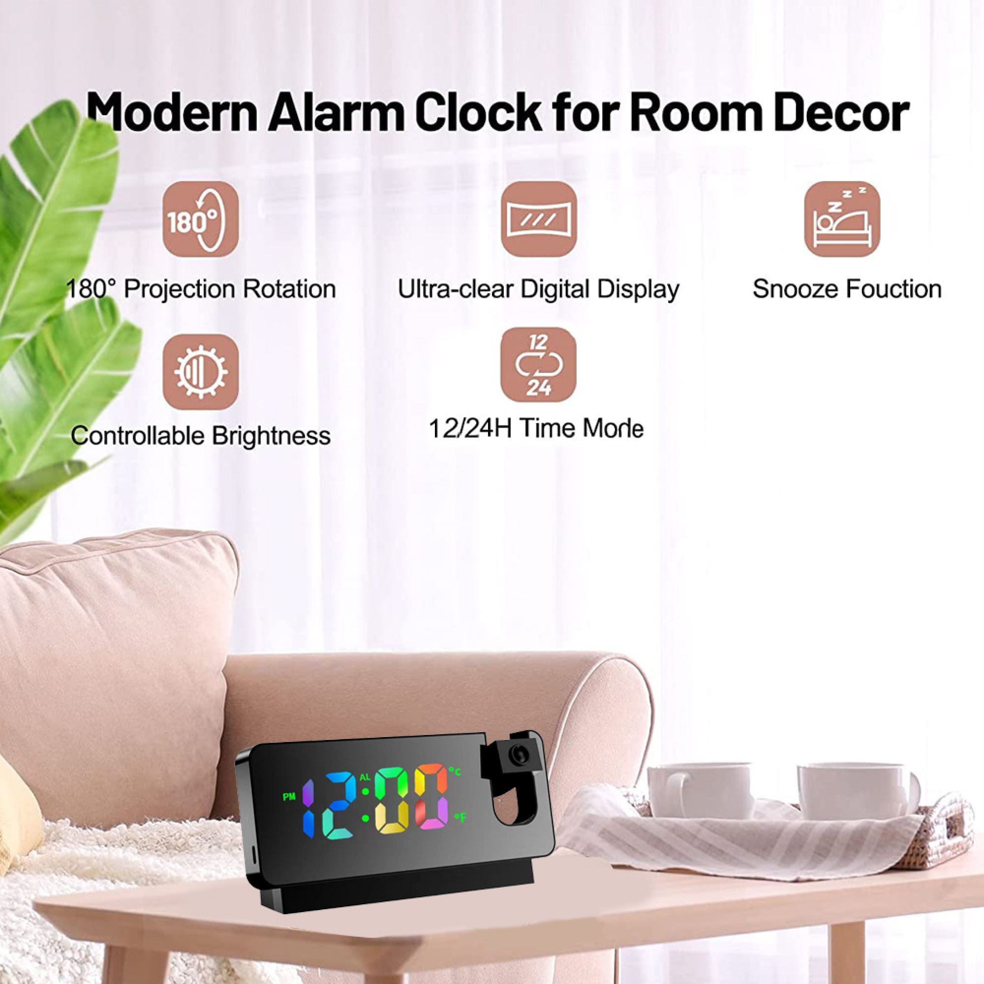 Moderner Projektionswecker mit farbigem Display auf einem Tisch.