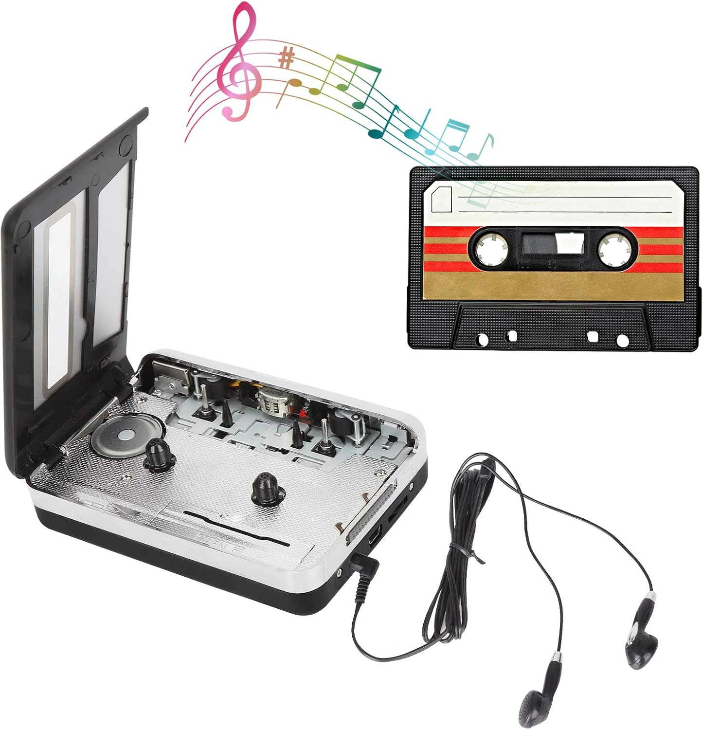 Ein tragbarer Kassettenspieler mit Kopfhörern und einer Kassette. Musiknoten sind zu sehen.