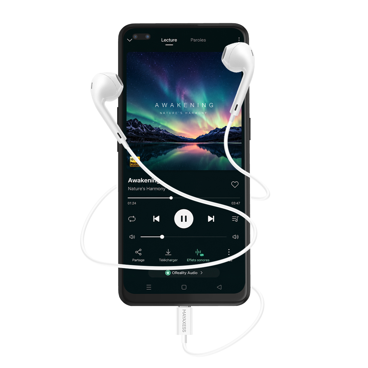 Ein Smartphone mit Kopfhörern zeigt eine Aurora-Borealis-Landschaft und eine Musikwiedergabe-Oberfläche.