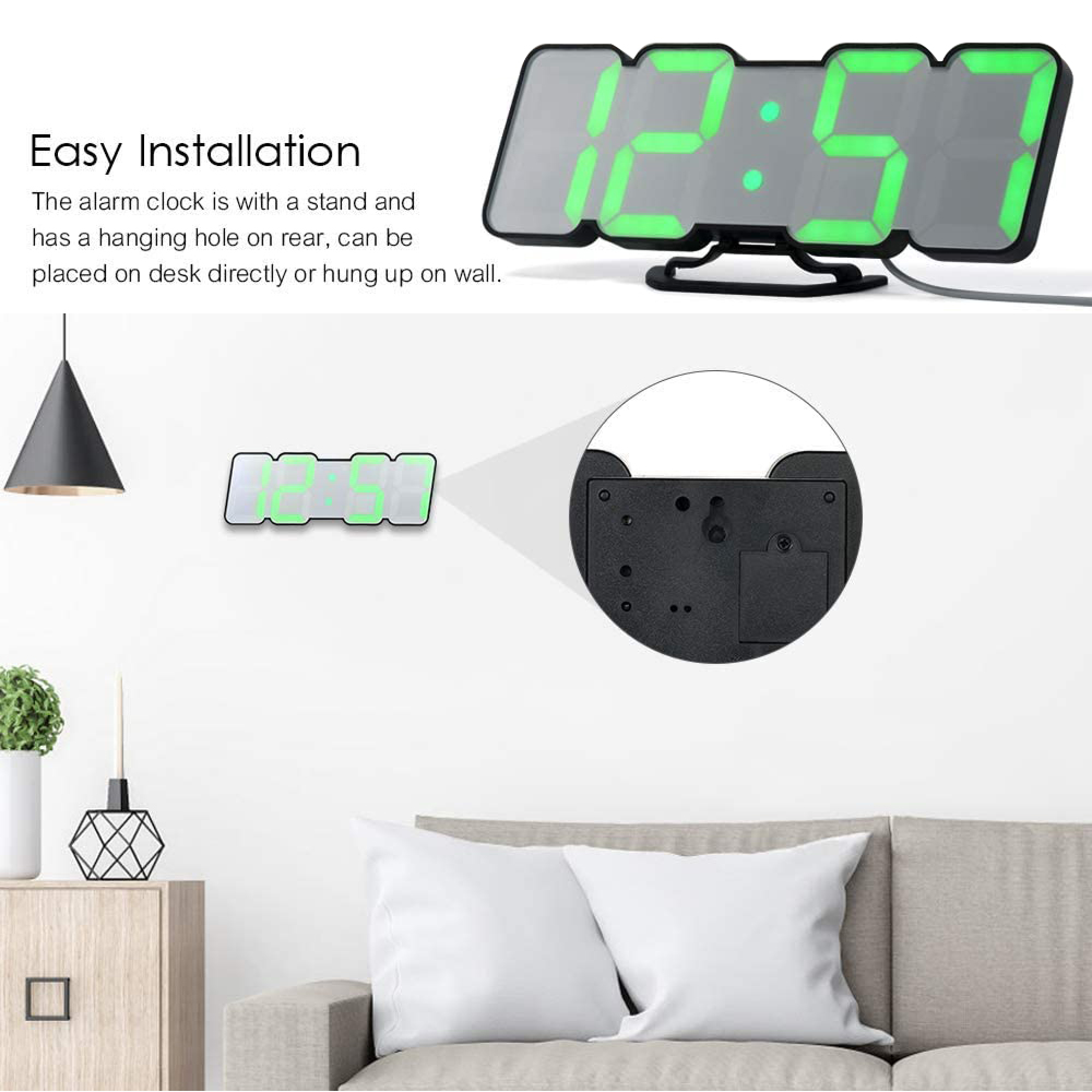 Digitaluhr mit grüner Anzeige, auf einem Ständer oder an der Wand montiert.