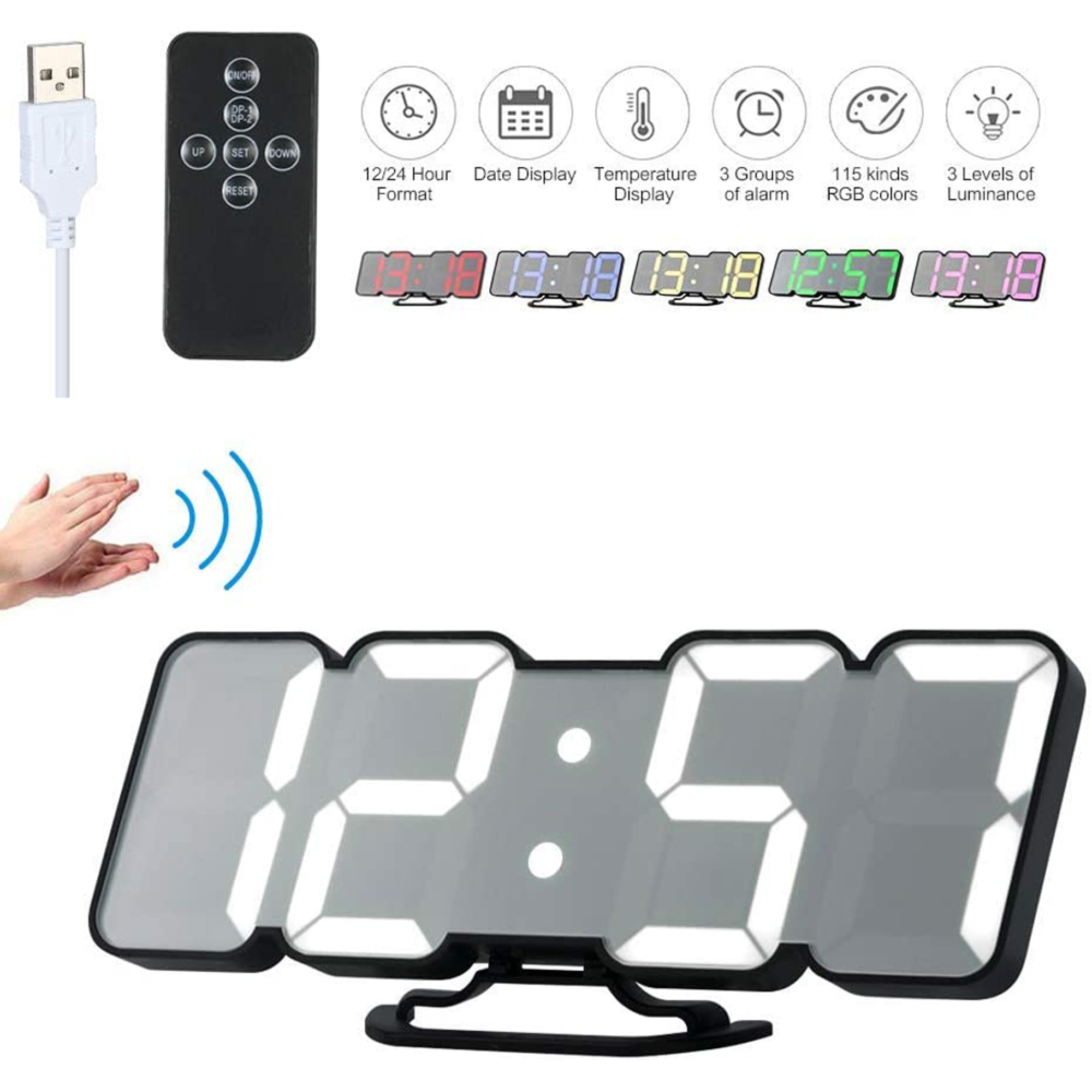 Digitaluhr mit Fernbedienung, USB-Kabel und Gestensteuerung. Zeigt Zeit, Datum, Temperatur.