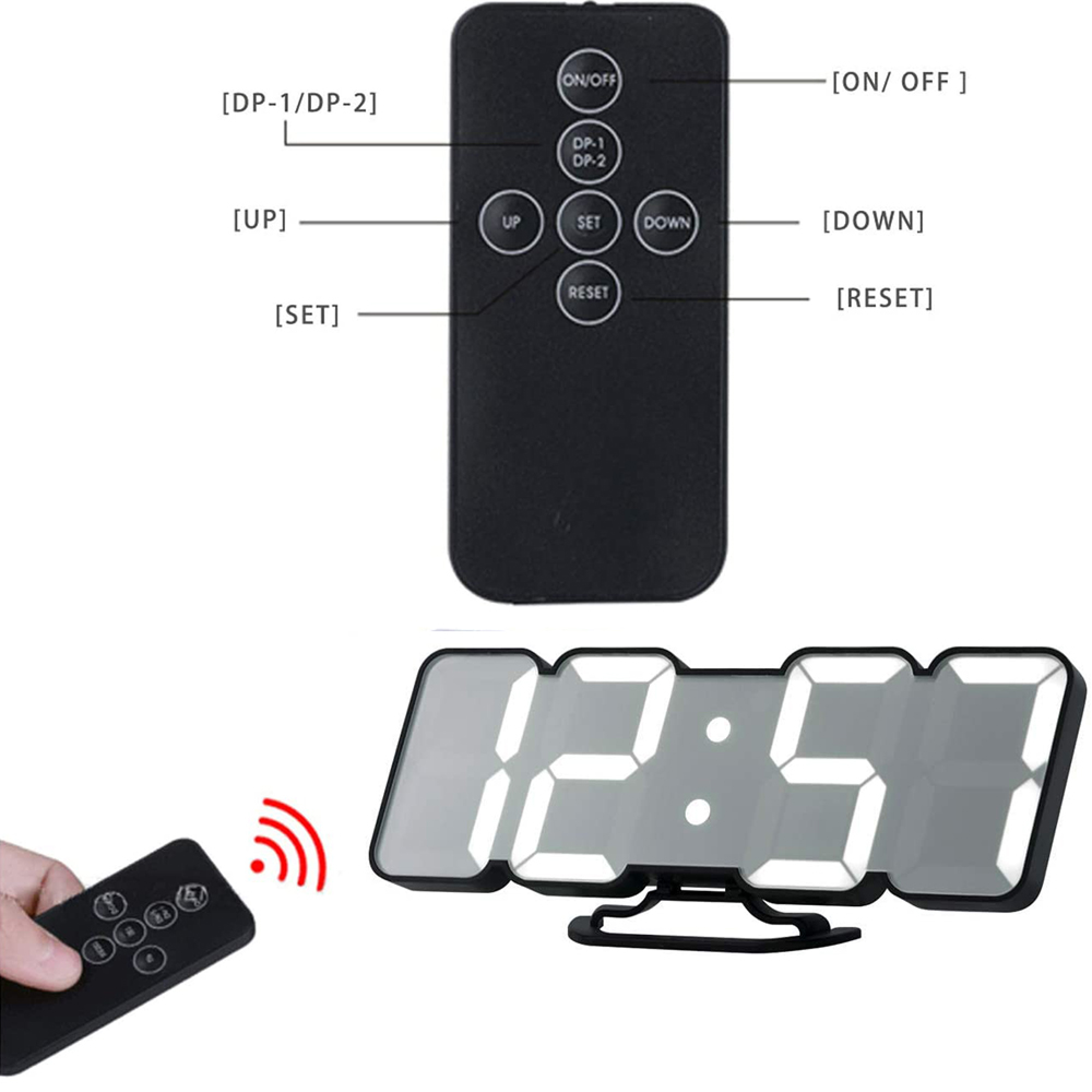 Eine Fernbedienung steuert eine digitale 12:51 Uhr.