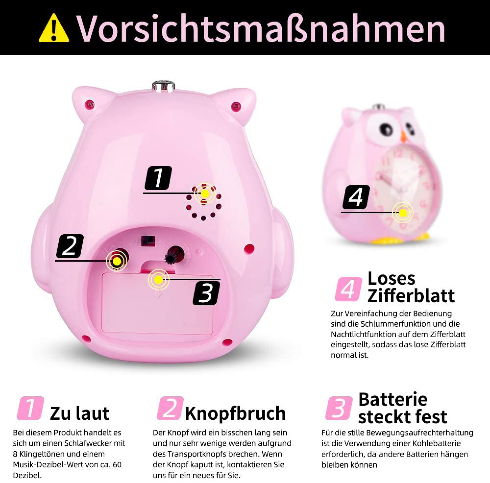 Rosa Eulen-Wecker mit nummerierten Warnhinweisen und deutscher Beschriftung.