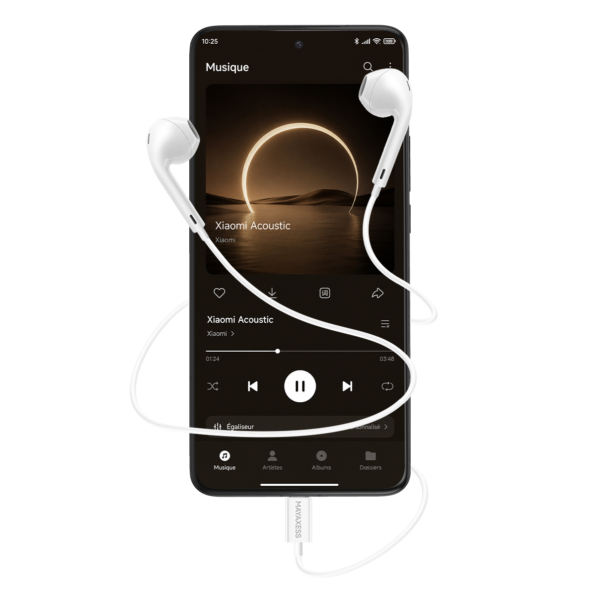 Uno smartphone visualizza un'app musicale con auricolari.