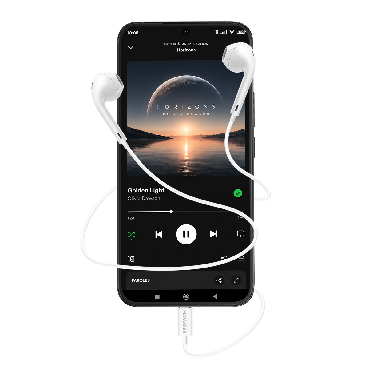 Uno smartphone con auricolari, riproduce musica. Lo schermo mostra la copertina dell'album e i controlli di riproduzione.