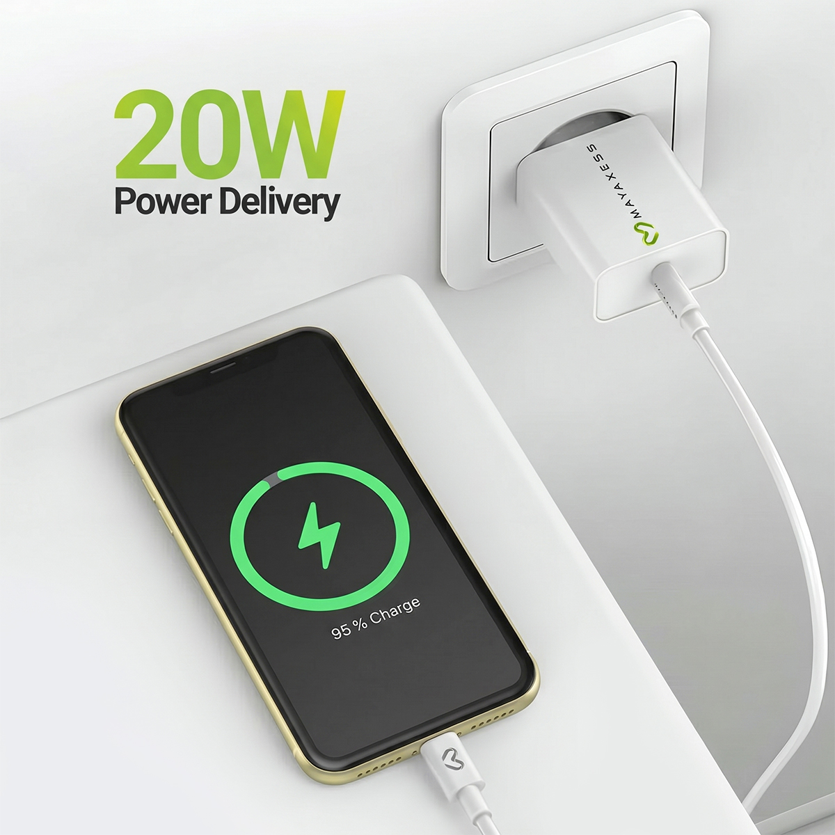 Ein Smartphone wird mit 20W Power Delivery geladen.