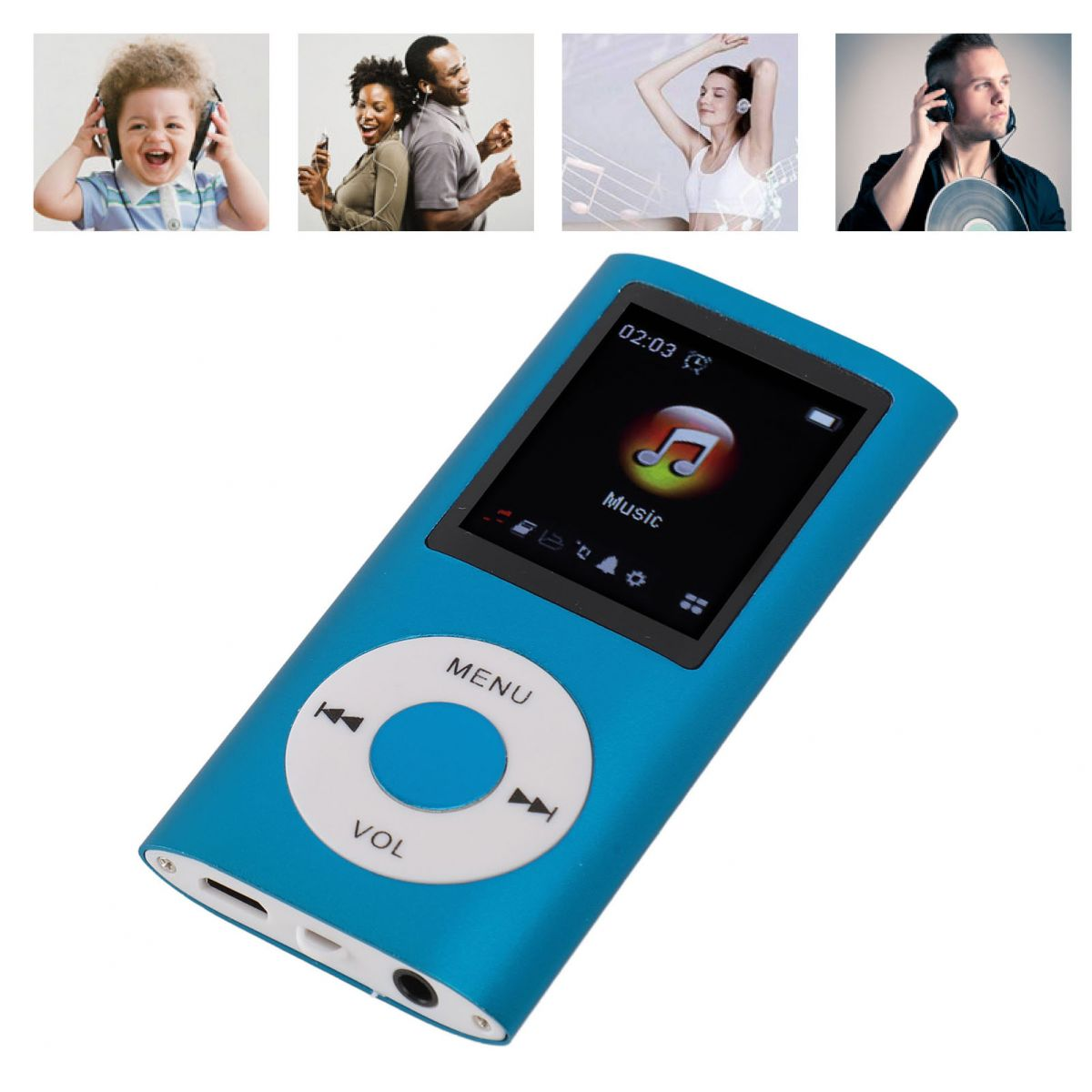 Blauer MP3-Player mit Bildschirm, der ein Musiksرمز anzeigt. Vier kleine Bilder von Menschen mit Kopfhörern darüber.