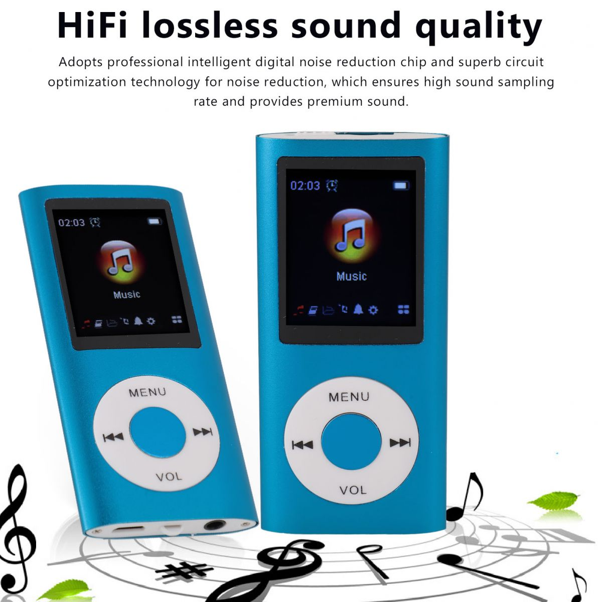 Zwei blaue MP3-Player mit Musiksymbol auf dem Bildschirm und Bedienelementen.