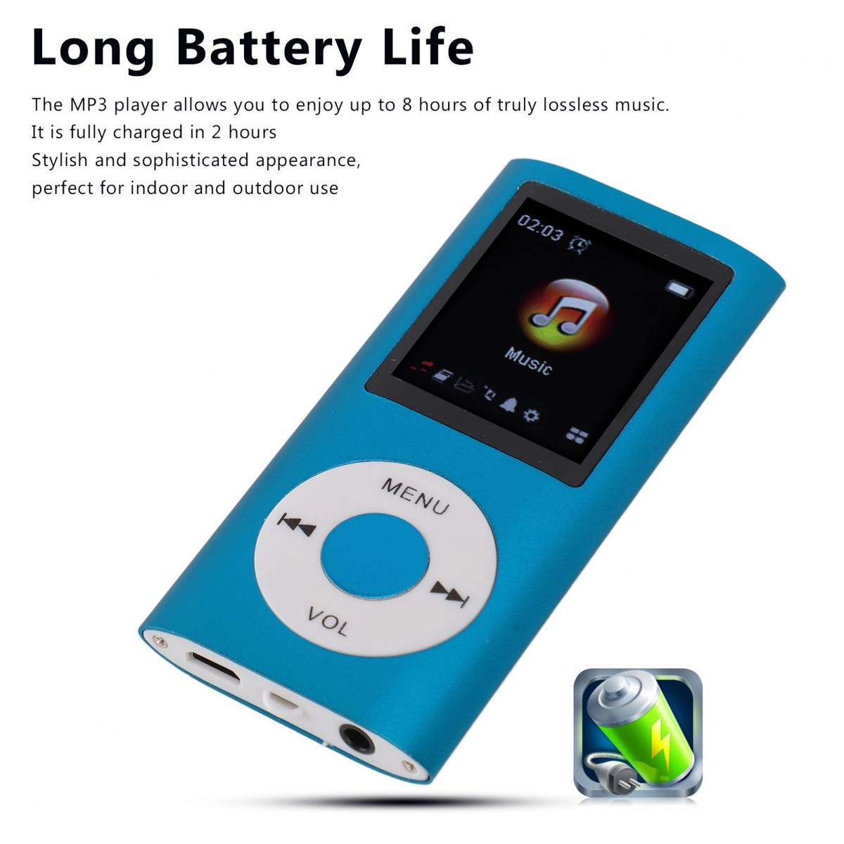 Ein blauer MP3-Player mit Musik-Symbol und Ladeanzeige.