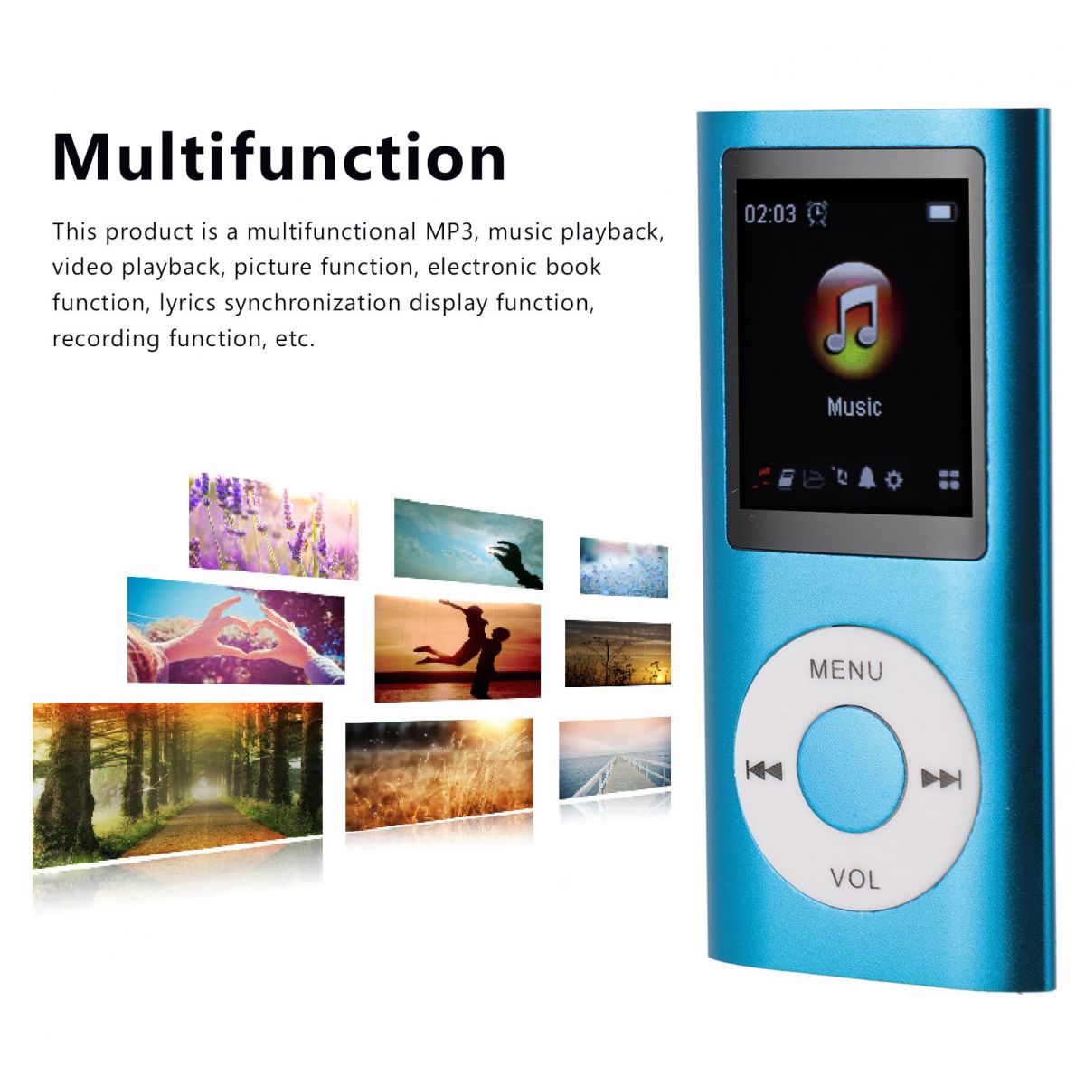 Ein blaues Multifunktions-MP3-Gerät mit verschiedenen Bildanzeigen daneben.