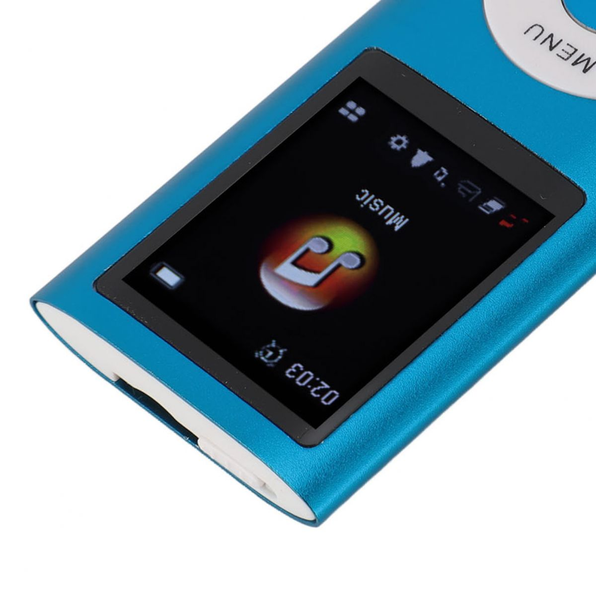 Blauer MP3-Player mit Musiknotensymbol und Zeitangabe