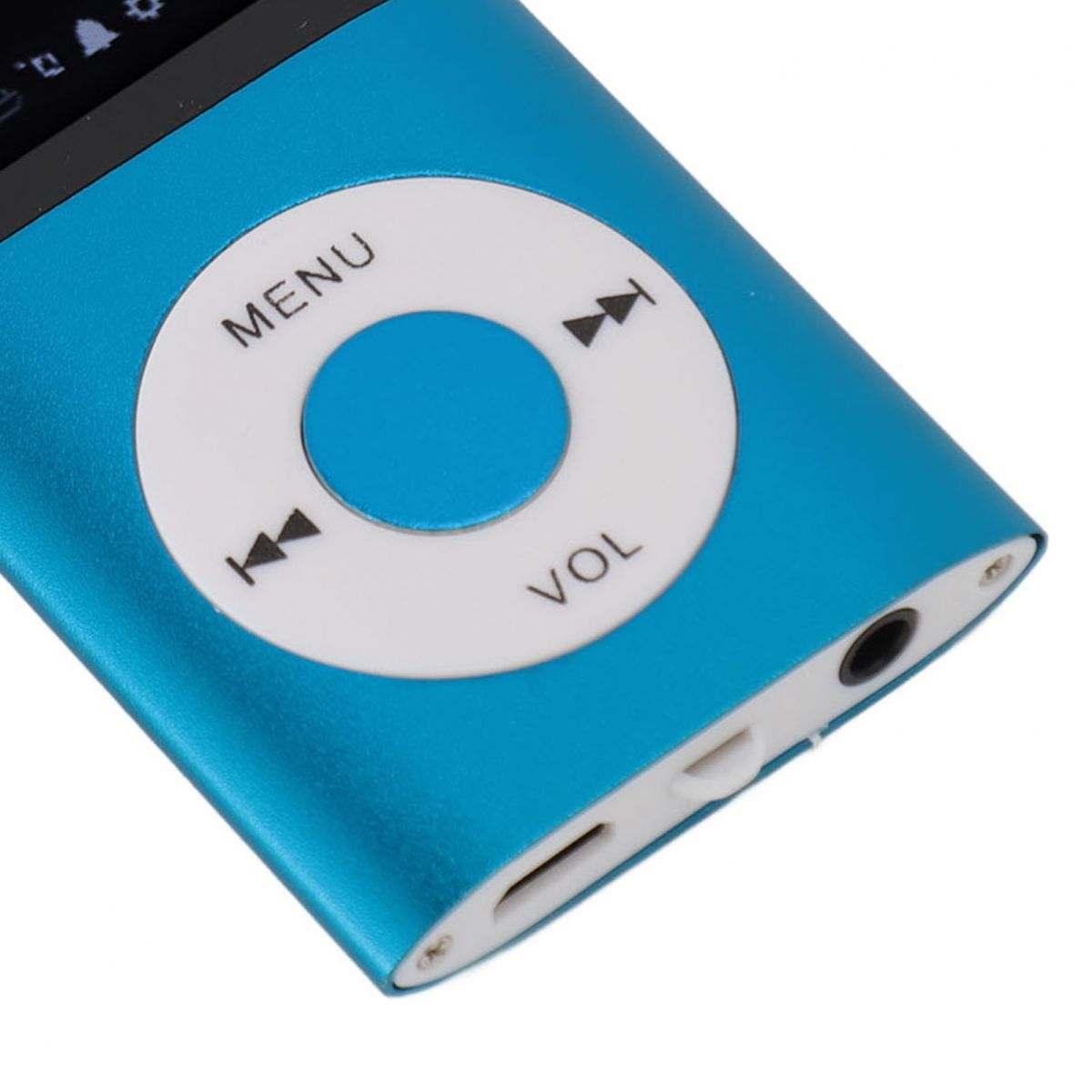 Blauer MP3-Player mit kreisförmiger Steuerung, Menü und Lautstärketasten.