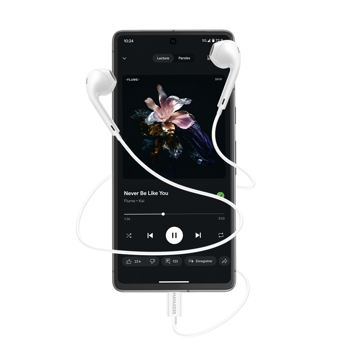 Uno smartphone mostra la riproduzione musicale con auricolari.