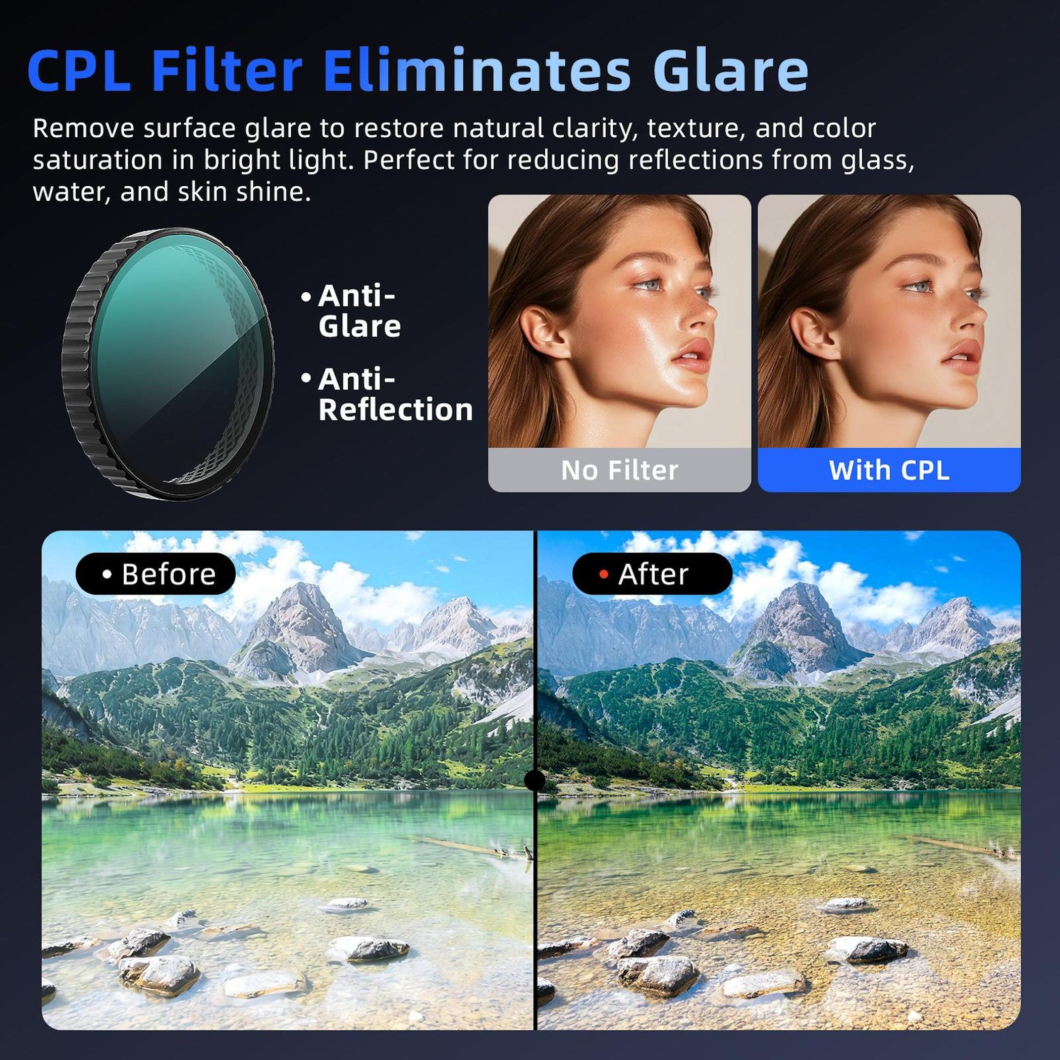 CPL-Filter: Vorher-Nachher-Vergleich von Landschaft und Porträt.