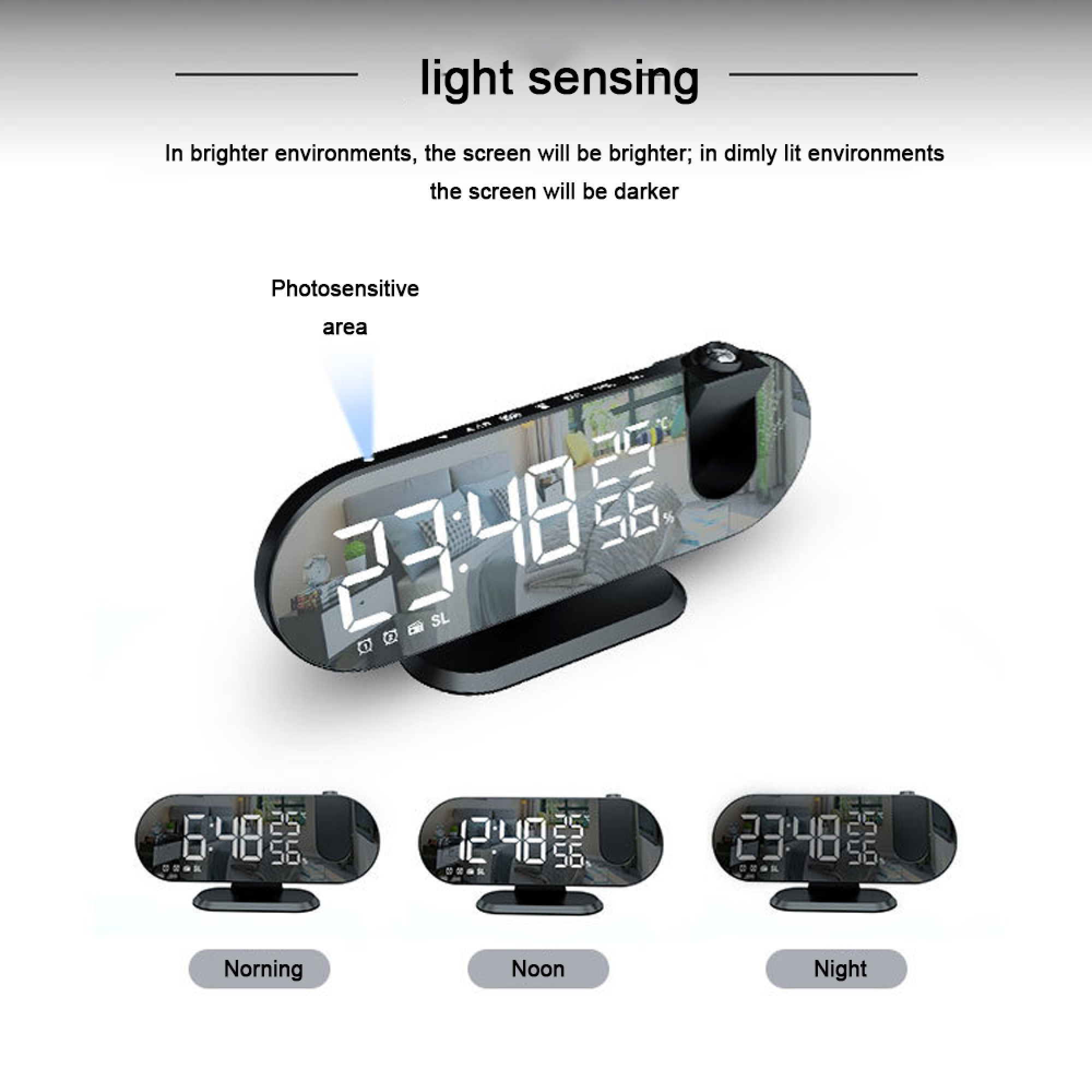 Ein moderner digitaler Projektionswecker mit Spiegeldisplay, der die Tageszeit anzeigt.