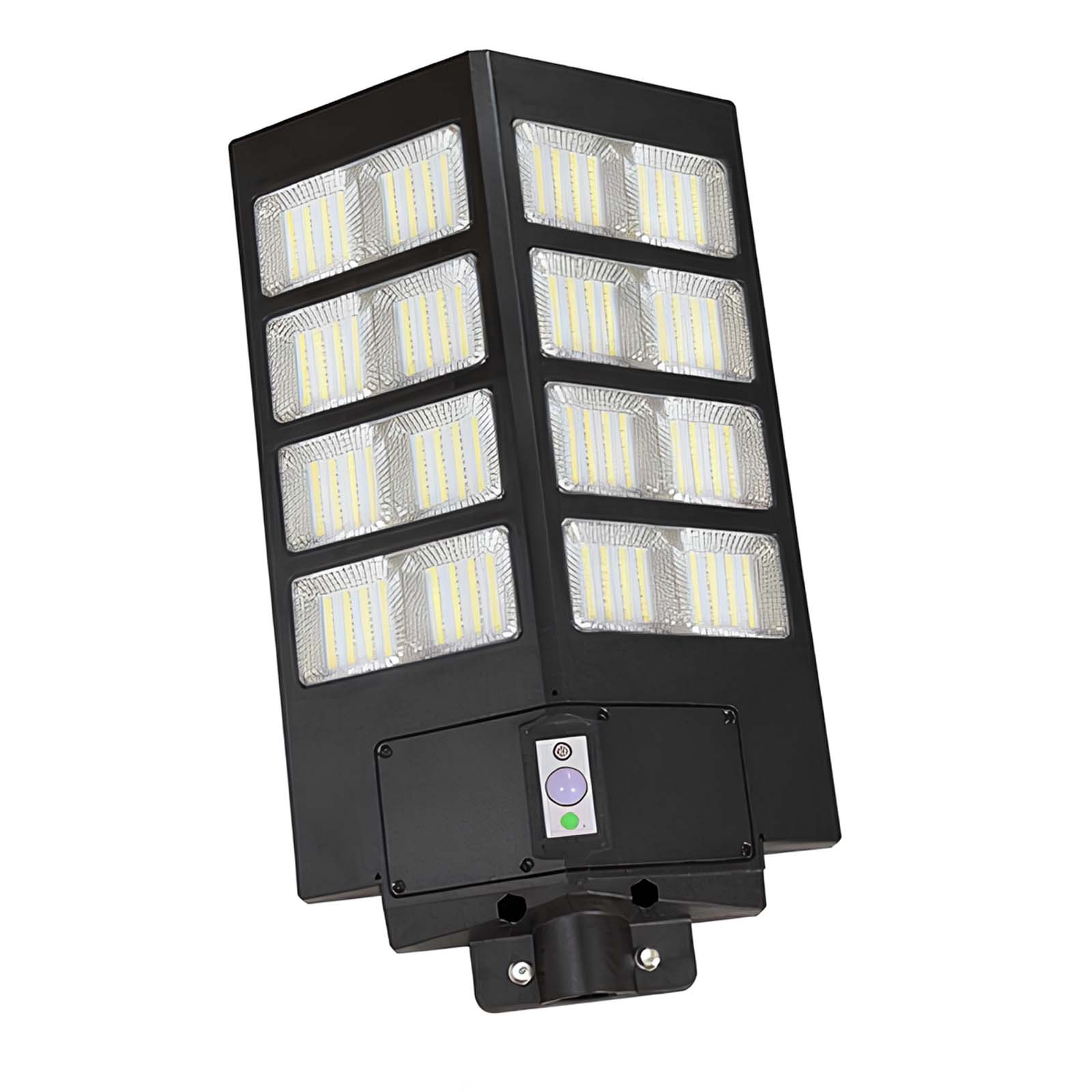 Schwarze Solarleuchte mit vielen LEDs, schwenkbar, mit Fernbedienung.