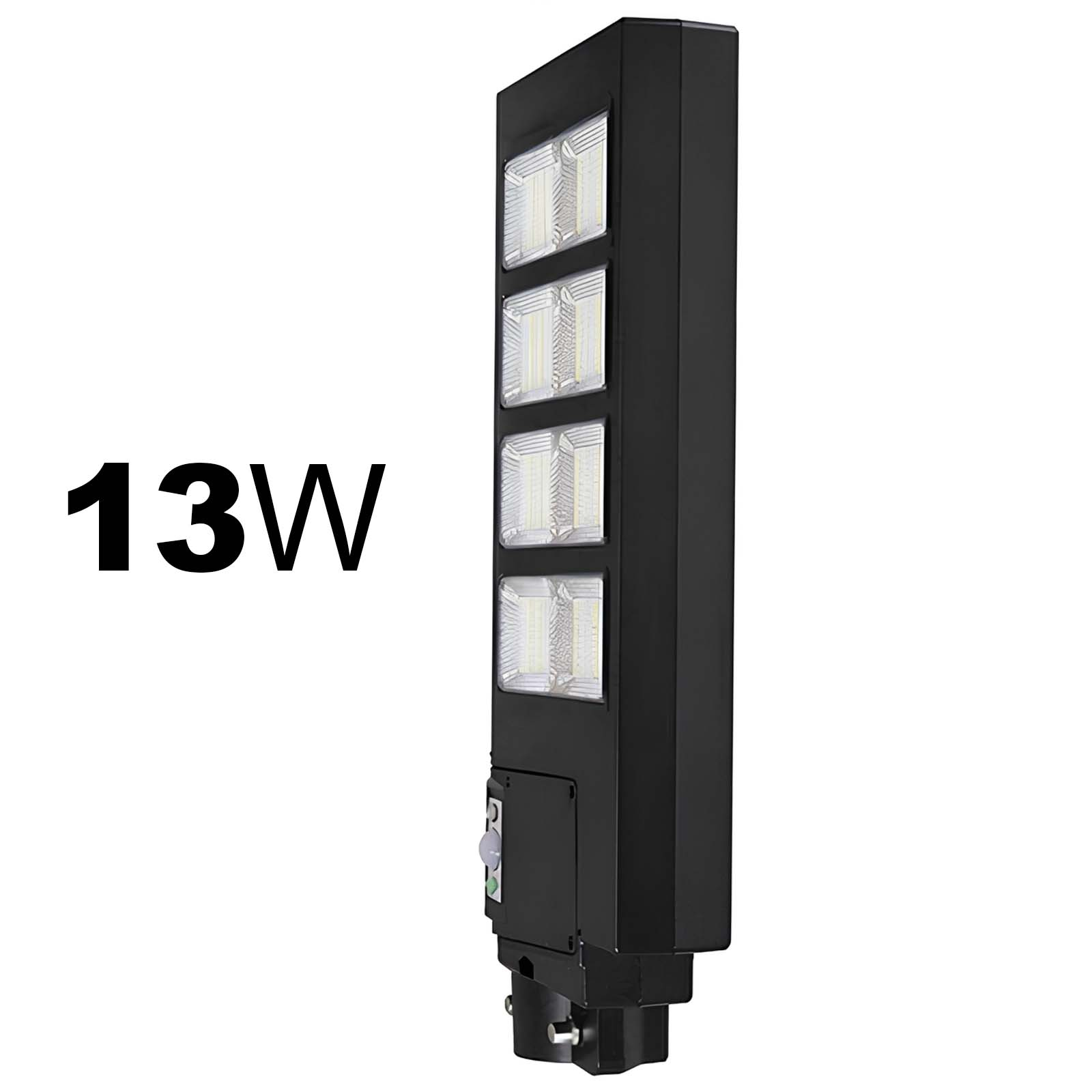 Schwarze 13W Lampe mit vier LED-Paneelen und Bewegungssensor.