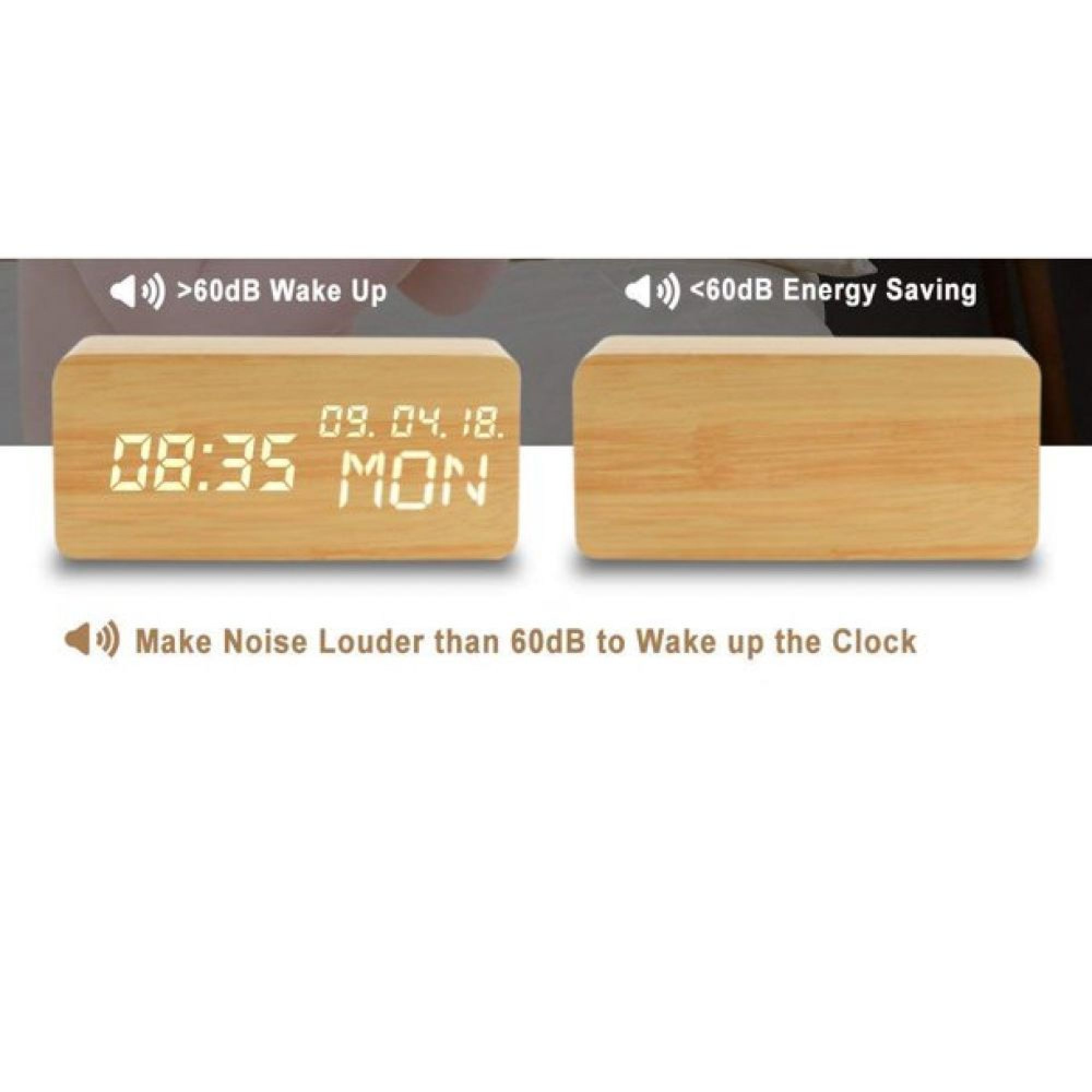 Holzwecker zeigt 08:35, 09.04.18. Er wacht ab 60dB auf.