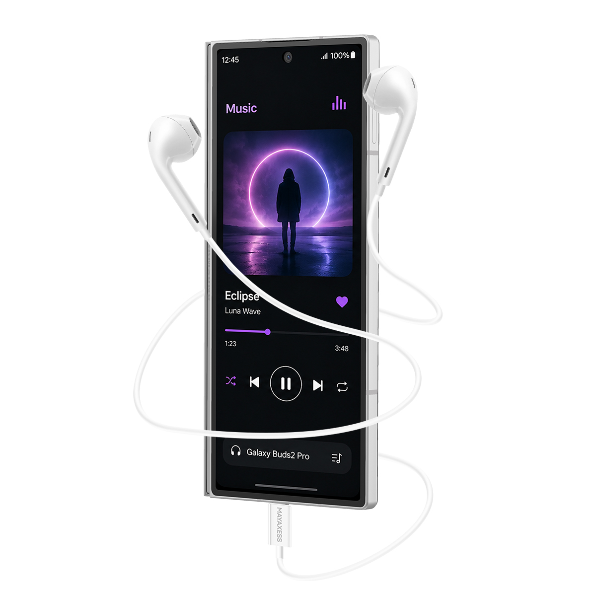 Uno smartphone con auricolari che riproduce musica. Silhouette contro un cerchio viola.