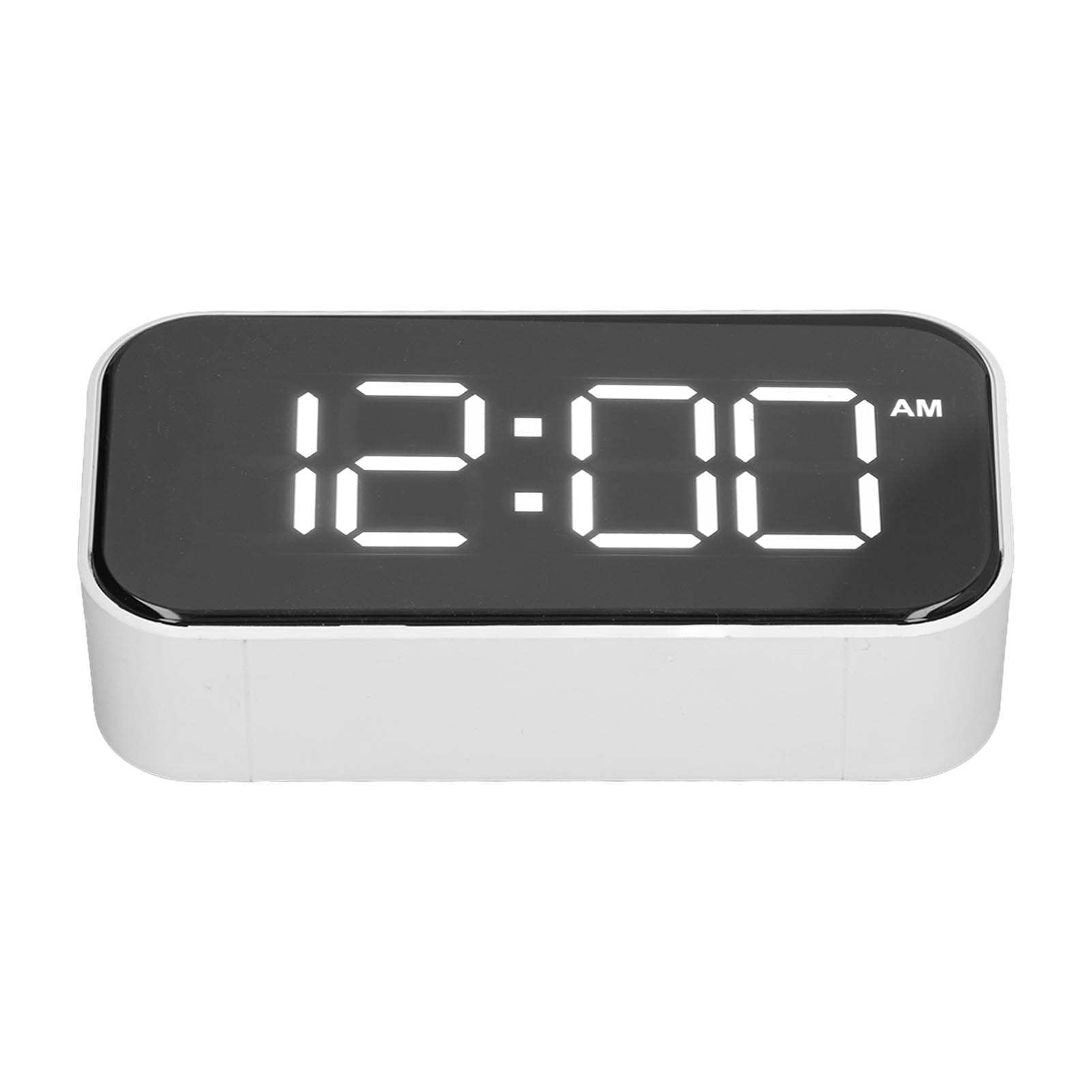 Ein weißer Digitalwecker zeigt 12:00 Uhr vormittags in hellweißen LED-Ziffern an.