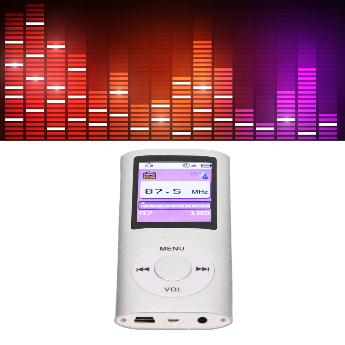 Ein silberner MP3-Player mit einem farbigen Equalizer-Hintergrund.