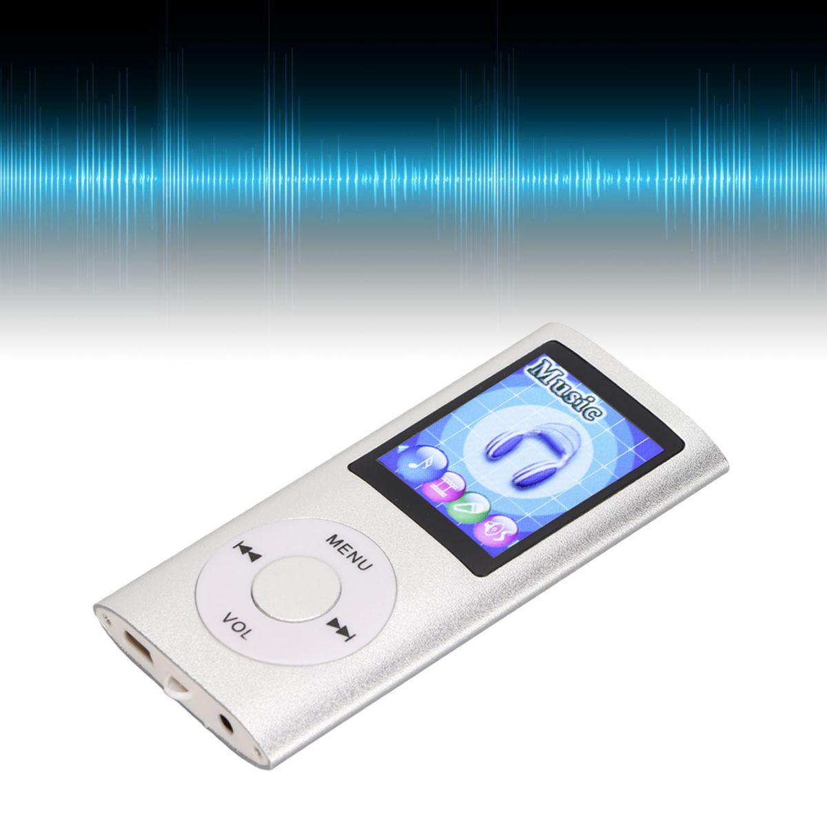 Ein silberner MP3-Player mit einem Musik-Bildschirm und Wellenformen.