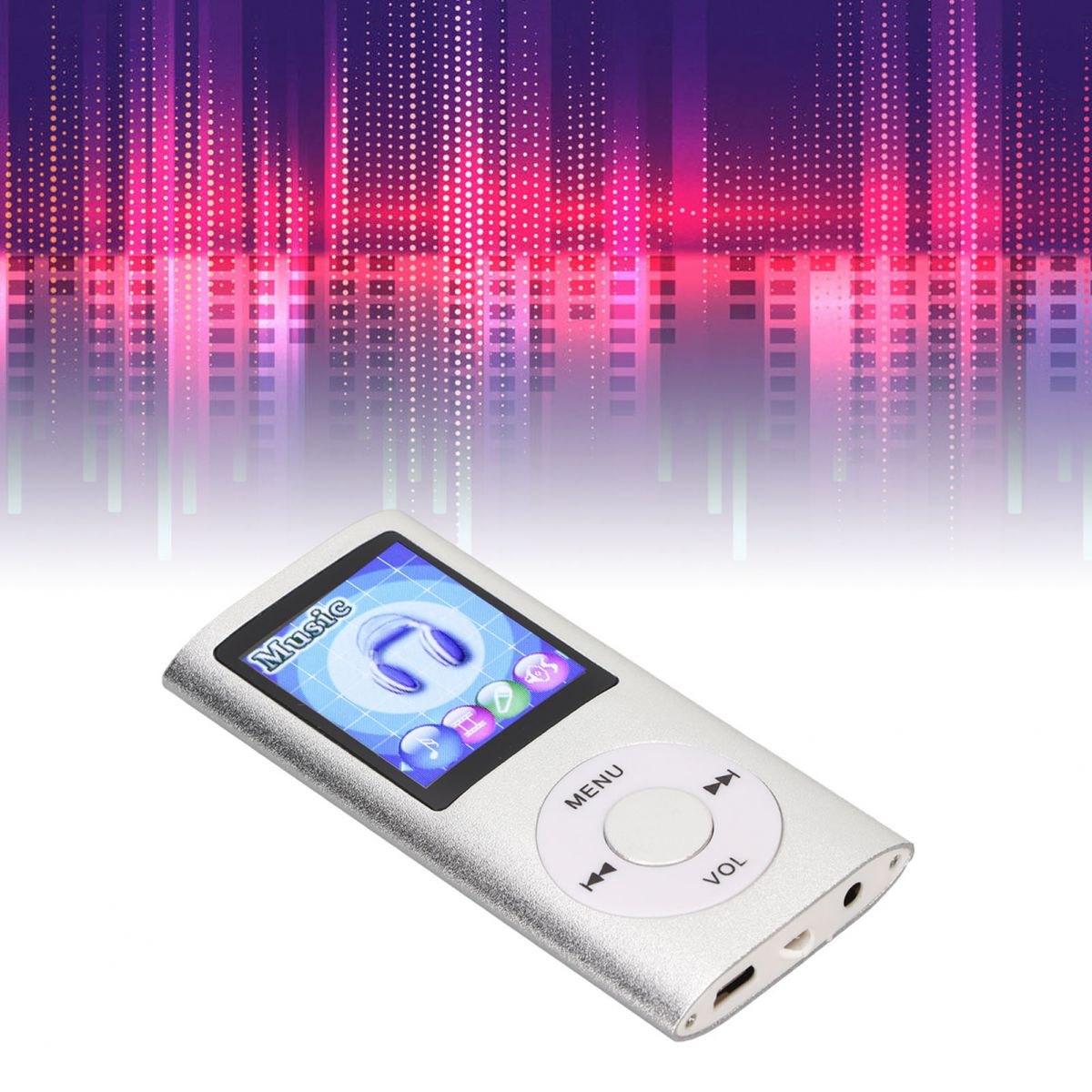 Ein silberner MP3-Player mit Kopfhörersymbol auf dem Bildschirm vor einem bunten Musikwellenmuster.