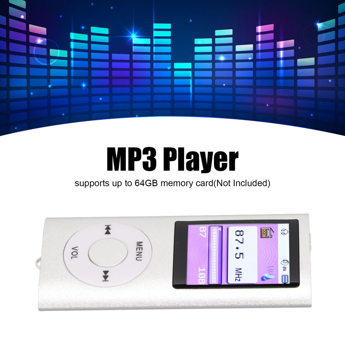 Silberner MP3-Player mit Equalizer-Hintergrund und einem Bildschirm.
