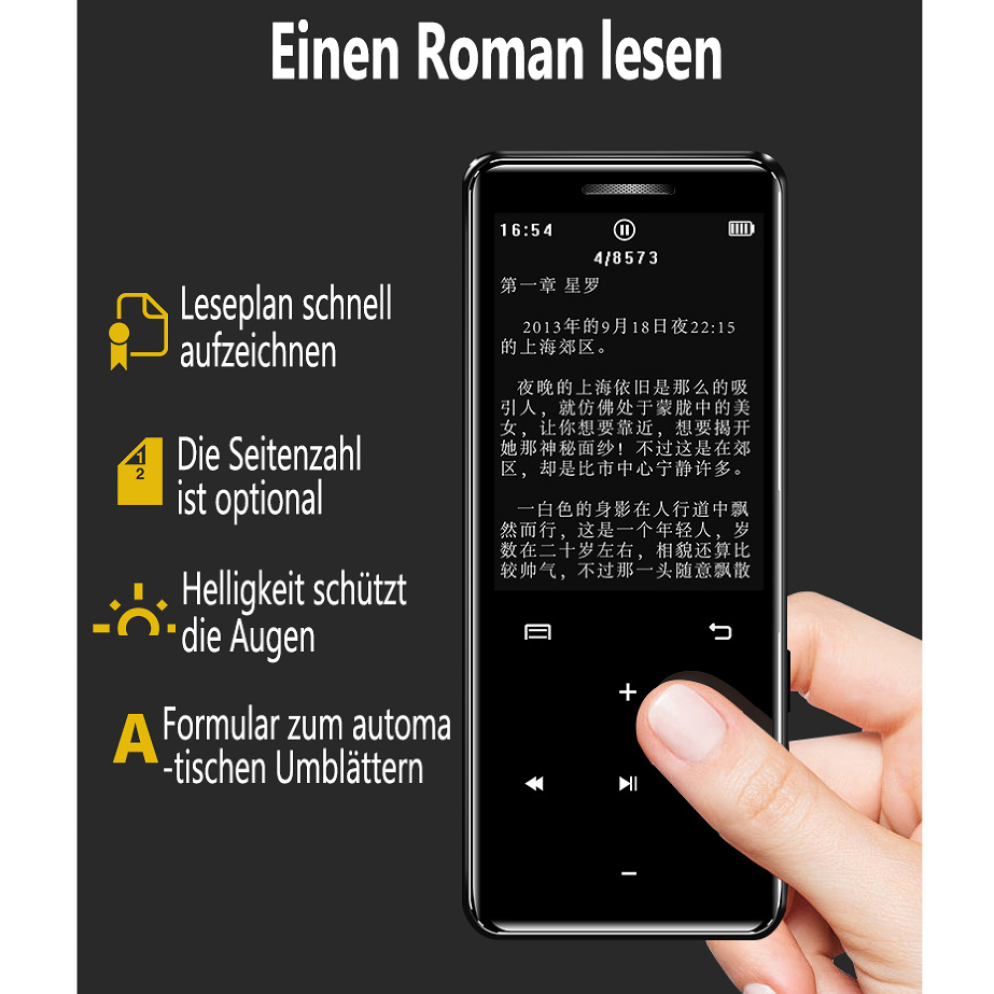 Ein Handy zeigt einen chinesischen Text an. Eine Hand bedient es.