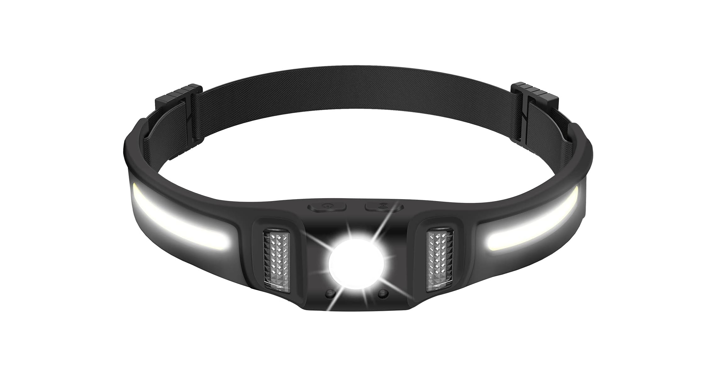 Schwarzes Stirnband mit hellem LED-Licht und verstellbarem Gurt.