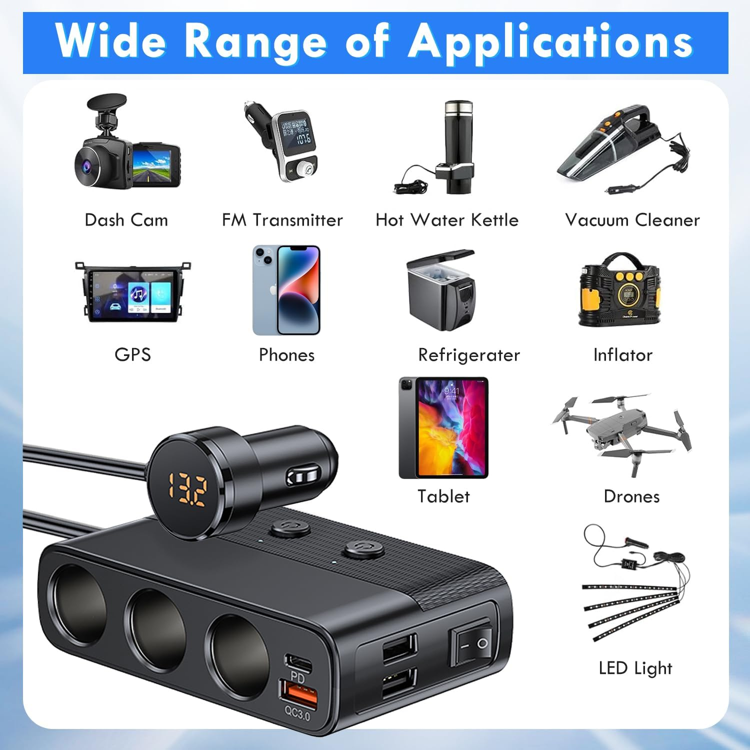 Zubehör für Autos: Dashcam, FM-Sender, Wasserkocher, Staubsauger, GPS, Handys, Kühlschrank, Inflator, Tablet, Drohnen, LED-Licht.