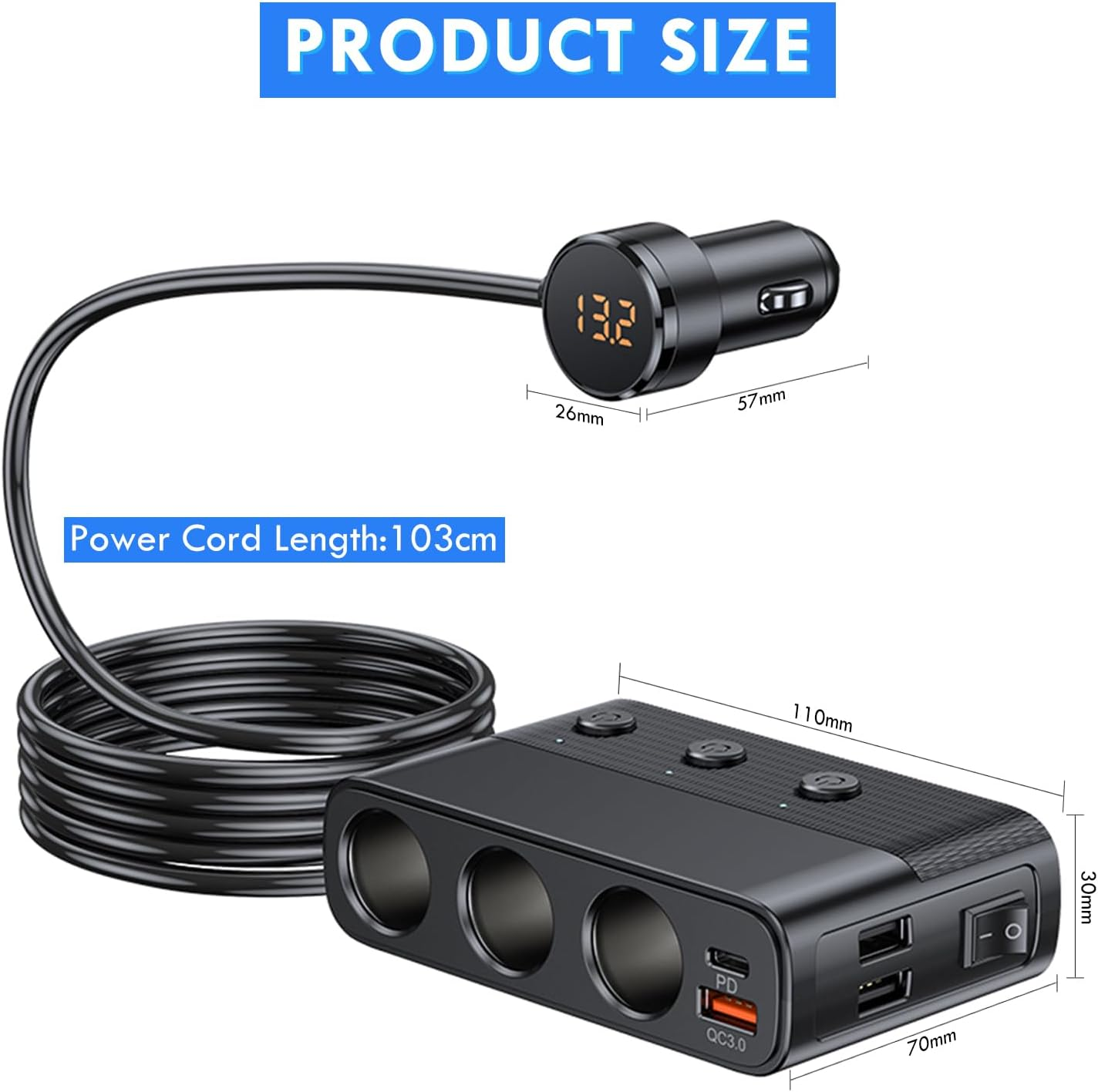 Schwarzer Auto-Zigarettenanzünder-Splitter mit 3 Buchsen, 2 USB-Ports, PD/QC3.0, 103cm Kabel.