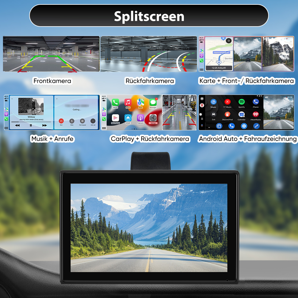 Ein Splitscreen-Display mit verschiedenen Ansichten: Parkplatzkameras, Karte, Musik, CarPlay, Android Auto und Landschaft.