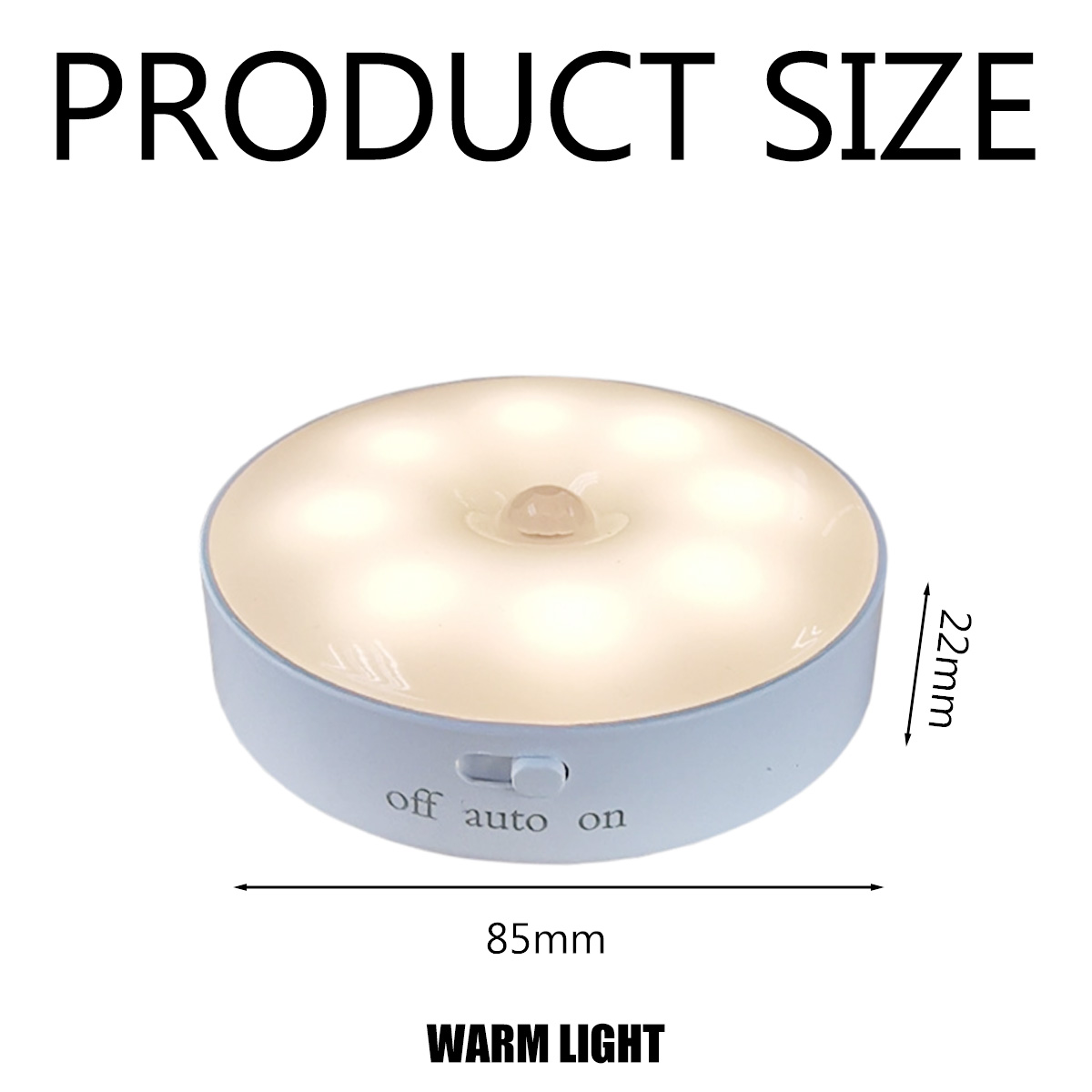Runder, weißer Nachtlicht mit 8 warmweißen LEDs. Maße: 85mm x 22mm.