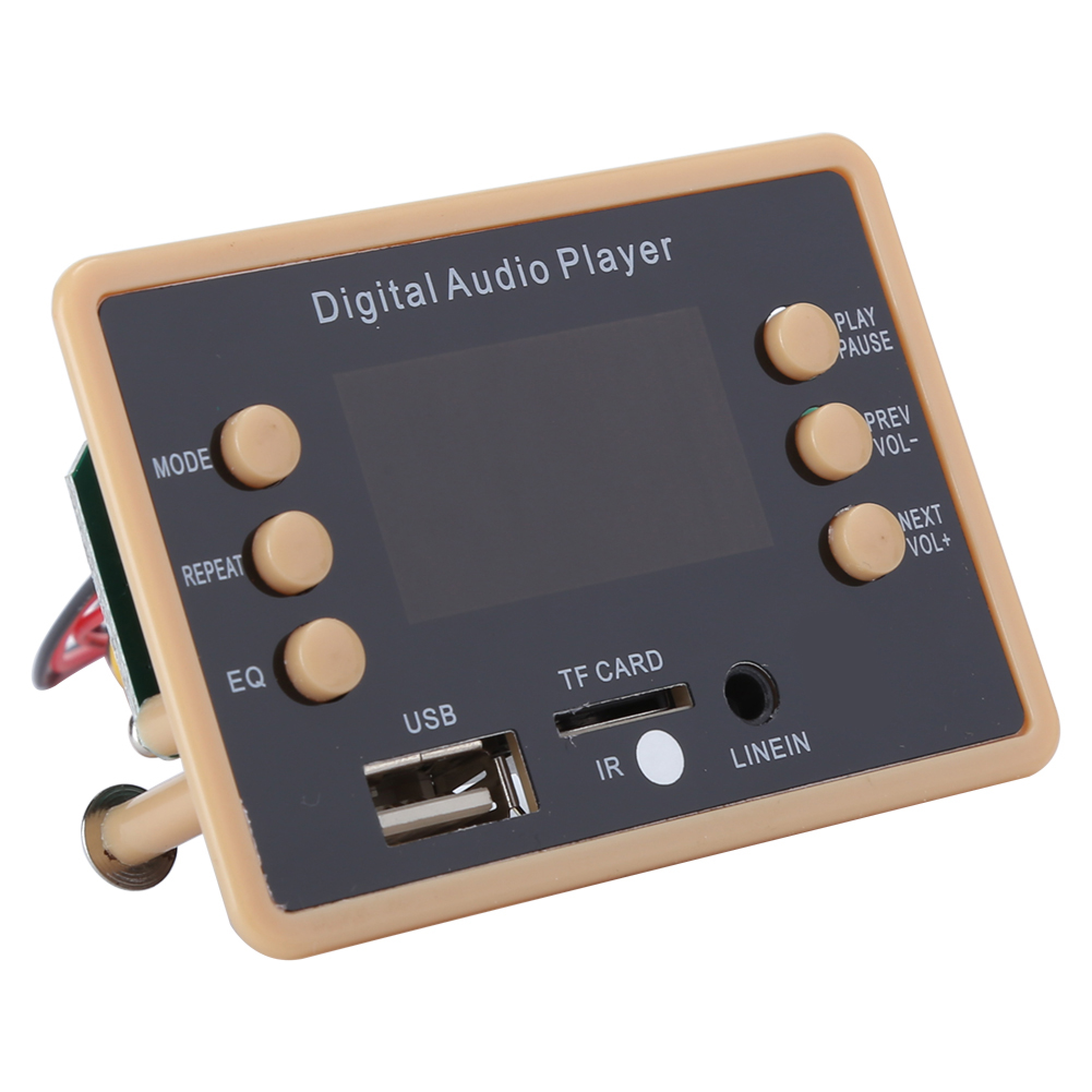 Ein tragbarer digitaler Audioplayer mit Knöpfen und Anschlüssen für USB, TF-Karte und Line-In.