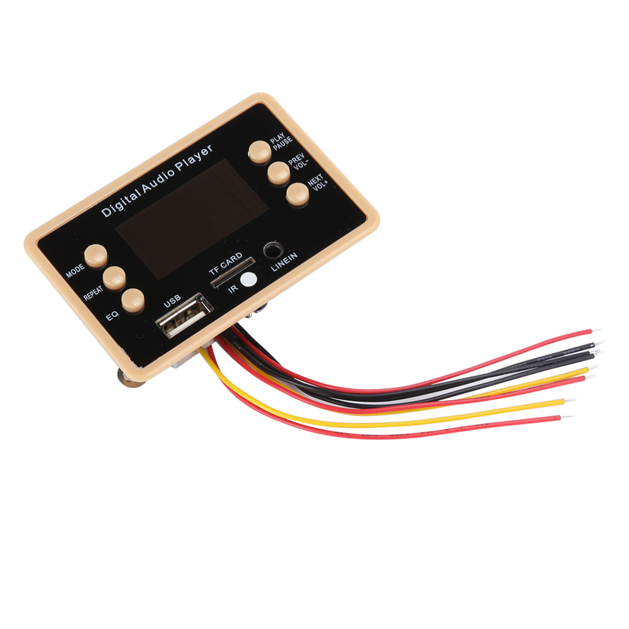 Digitaler Audio-Player-Modul mit Tasten, Bildschirm, USB- und TF-Kartensteckplätzen und Kabeln.