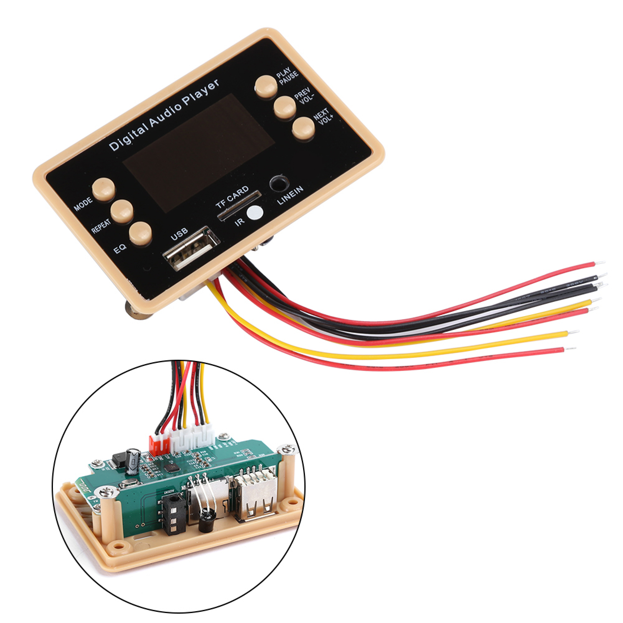 Digitaler Audio-Player-Modul mit Tasten, USB, TF-Karte und Kabeln.