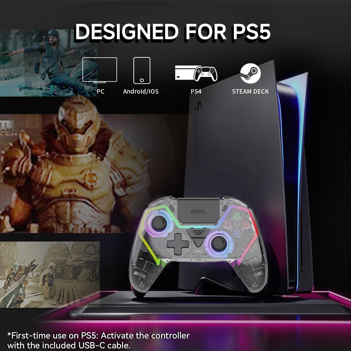 Ein transparenter Controller mit bunten Lichtern vor einer PS5 und Spielszenen.