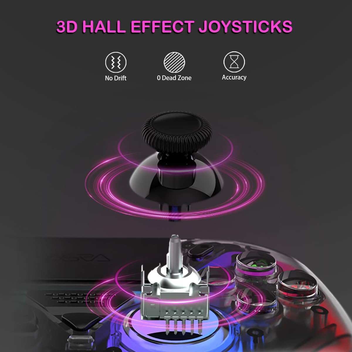 Ein schwarzer Joystick mit lila Ringen, der über einem Controller-Mechanismus schwebt.