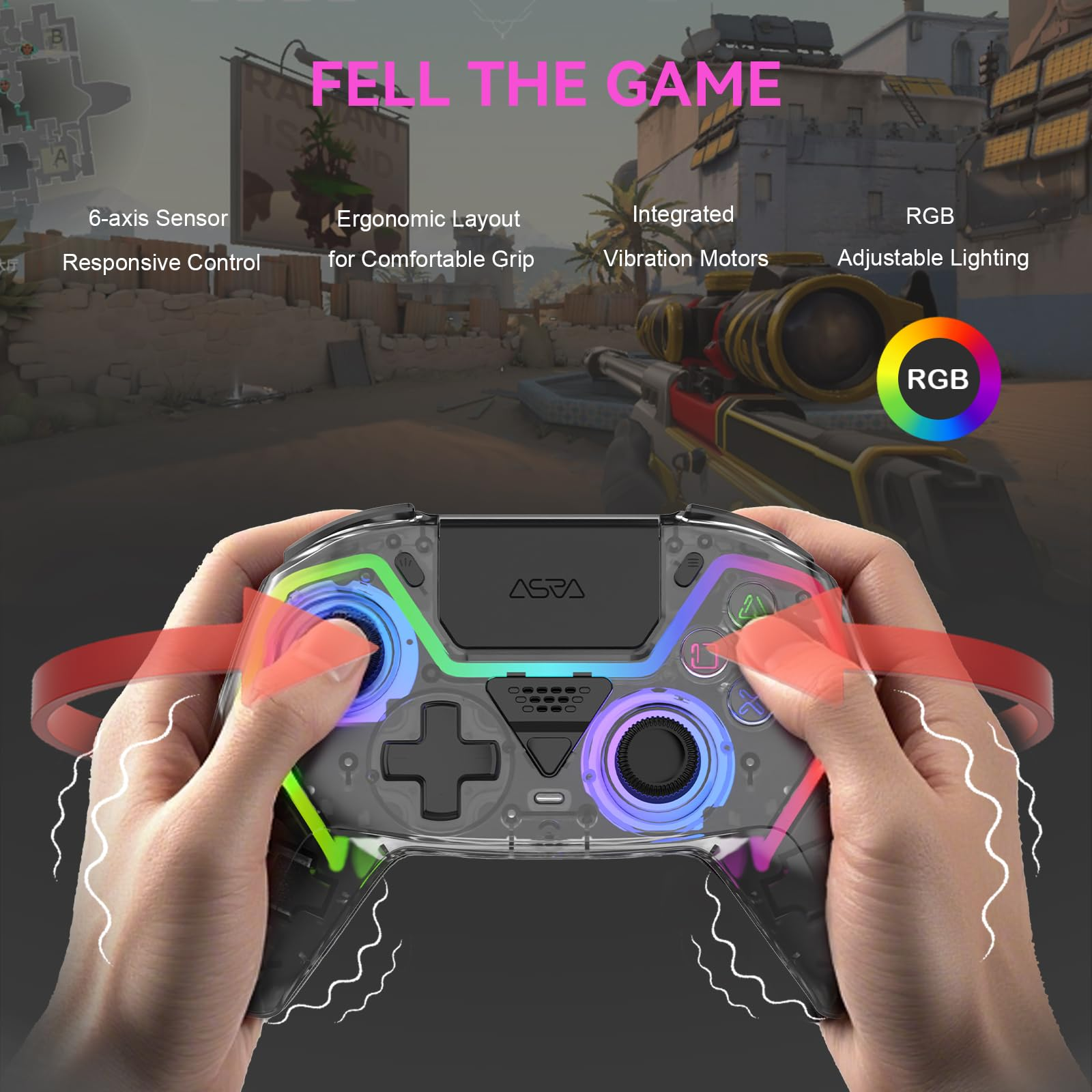 Hände halten eine transparente Gaming-Controller mit RGB-Licht.