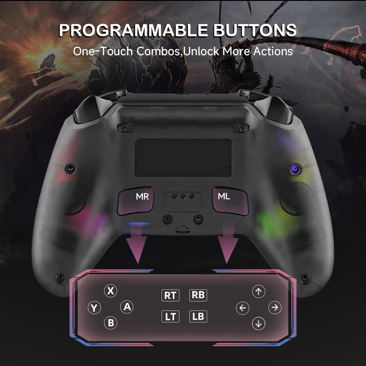 Ein transparenter Gamecontroller mit programmierbaren Tasten, RGB-Lichteffekten und Gaming-Grafik.
