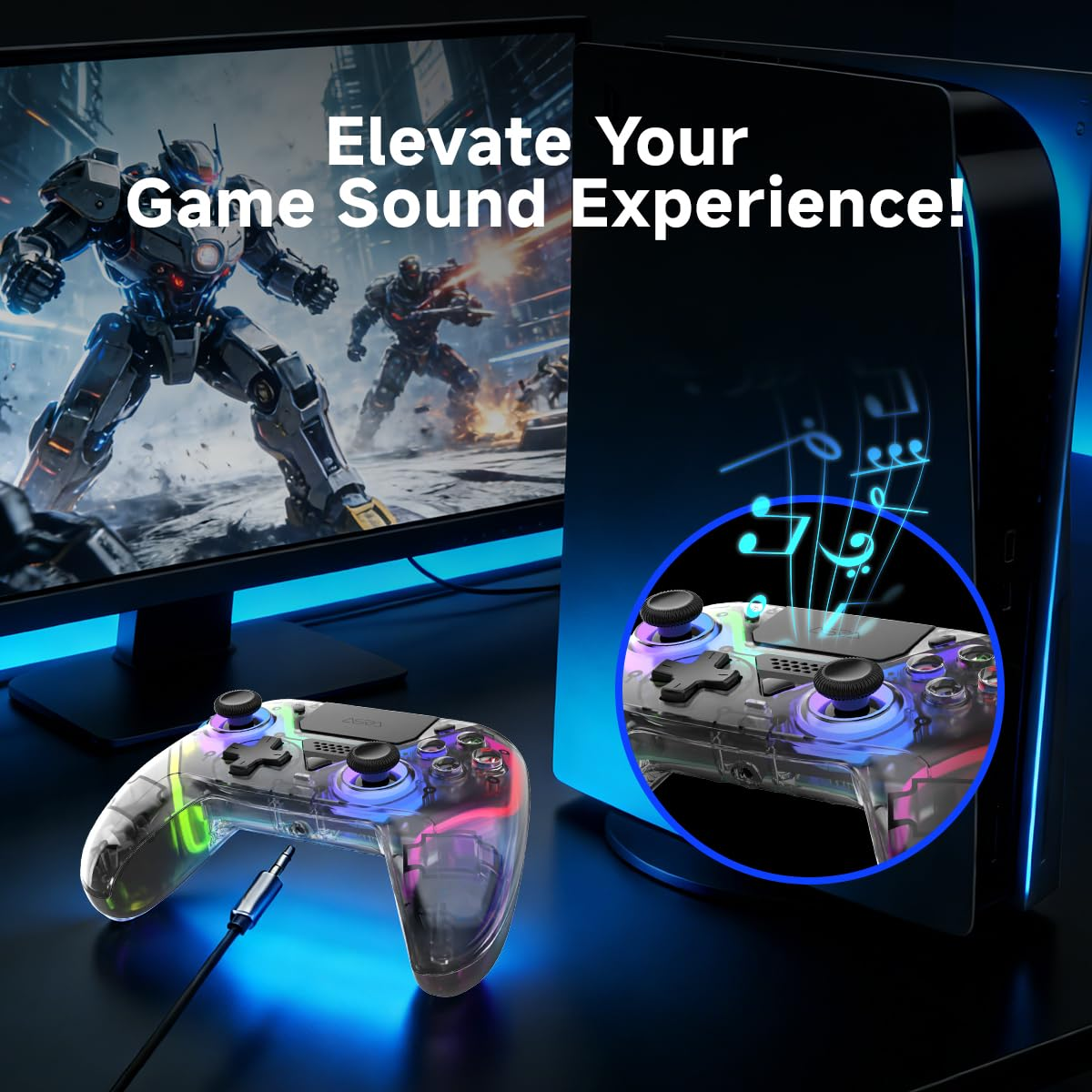 Ein durchsichtiger Controller mit bunten Lichtern neben einer Spielekonsole und einem Monitor.