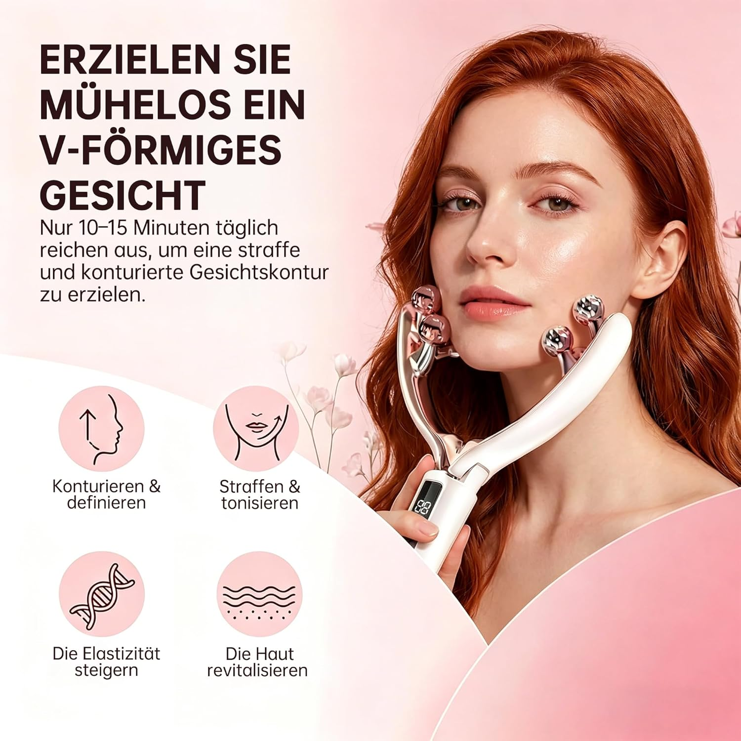Frau mit V-förmigem Gesicht und Hautpflegegerät mit Symbolen für Konturierung, Straffung, Elastizität und Revitalisierung.