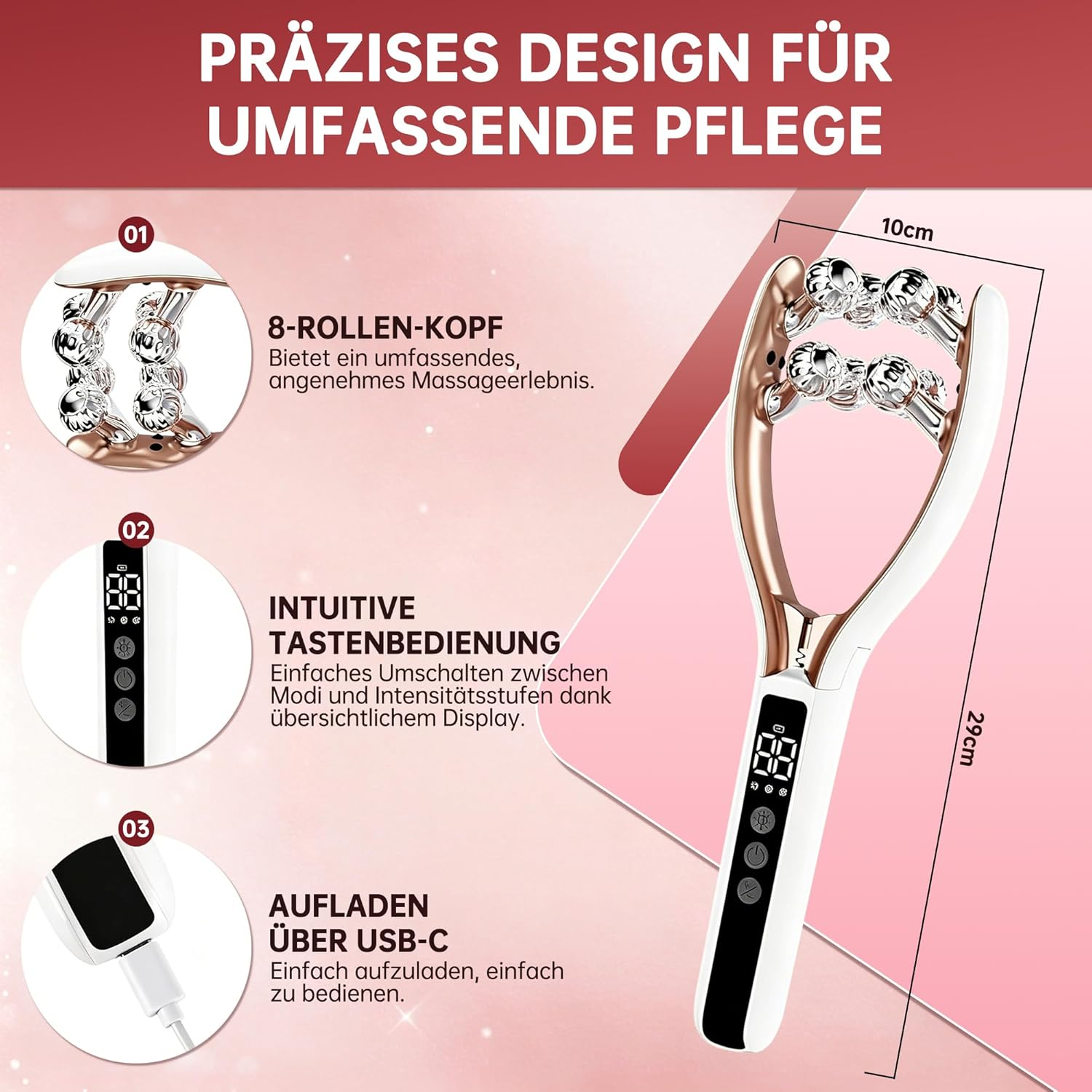 Ein weißes und roségoldenes Massagegerät mit 8 Rollen, Display und USB-C-Anschluss.