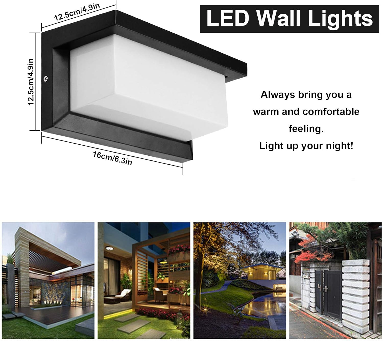 Schwarze LED-Wandleuchte mit Maßen und Bildern von beleuchteten Häusern und Toren.