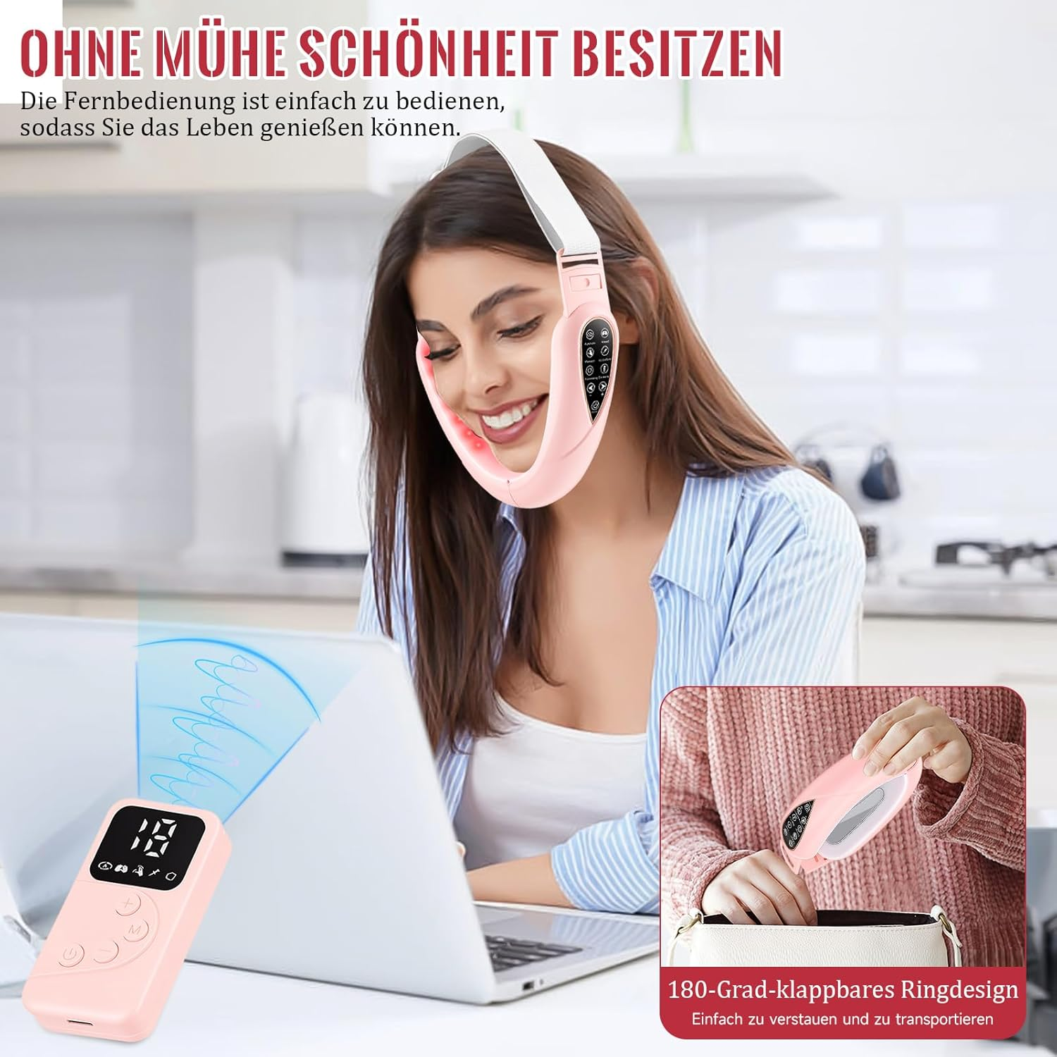 Frau mit rosa Gesichtsstraffer, der rot leuchtet. Fernbedienung und Tasche daneben.