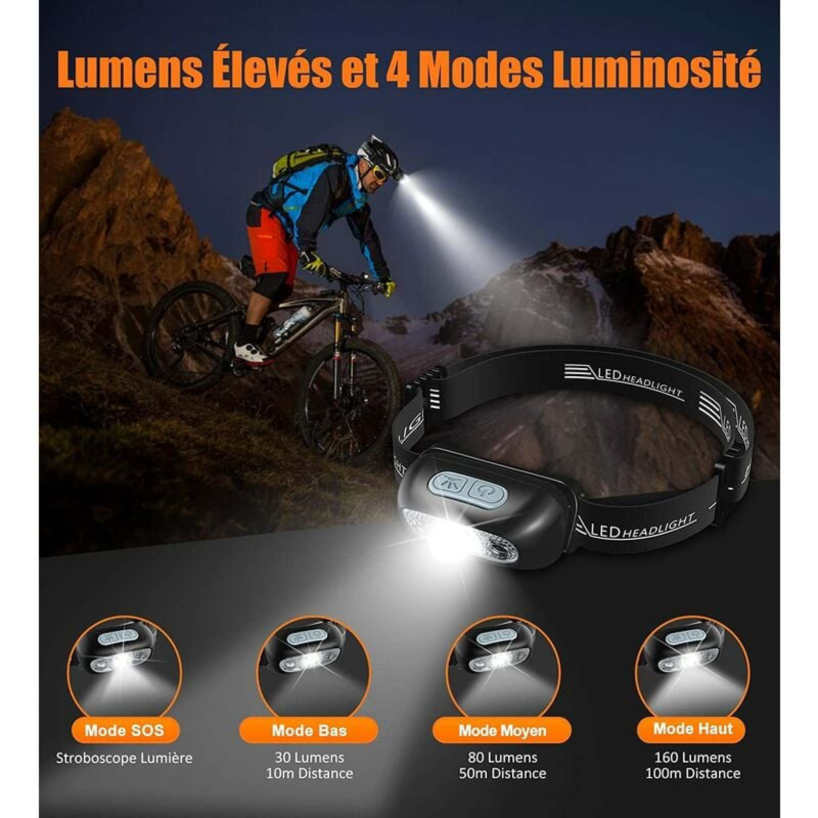 Ein Mann fährt nachts Fahrrad, beleuchtet von einer Stirnlampe. Die Lampe hat 4 Modi.