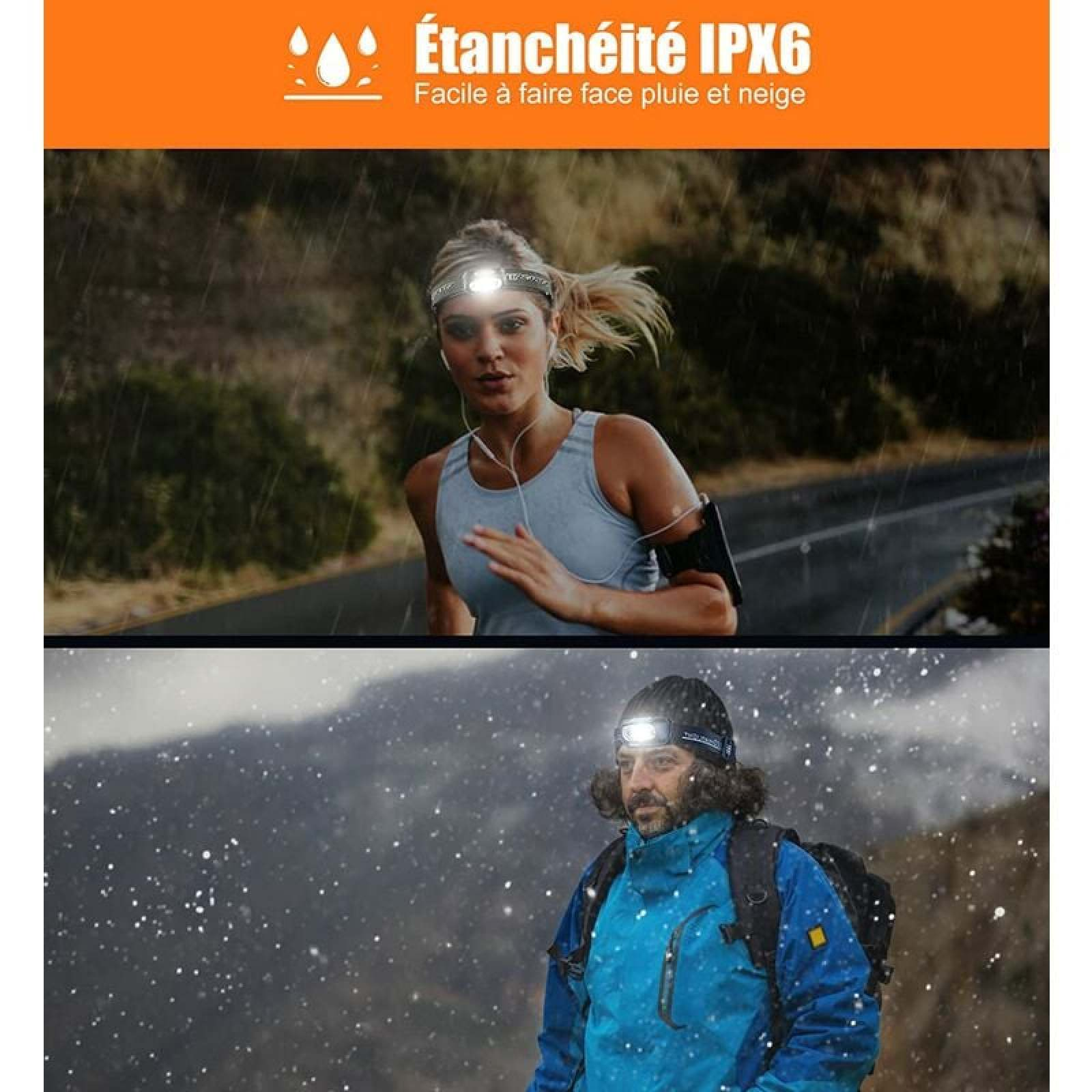Eine Frau und ein Mann tragen Stirnlampen bei Regen und Schnee.