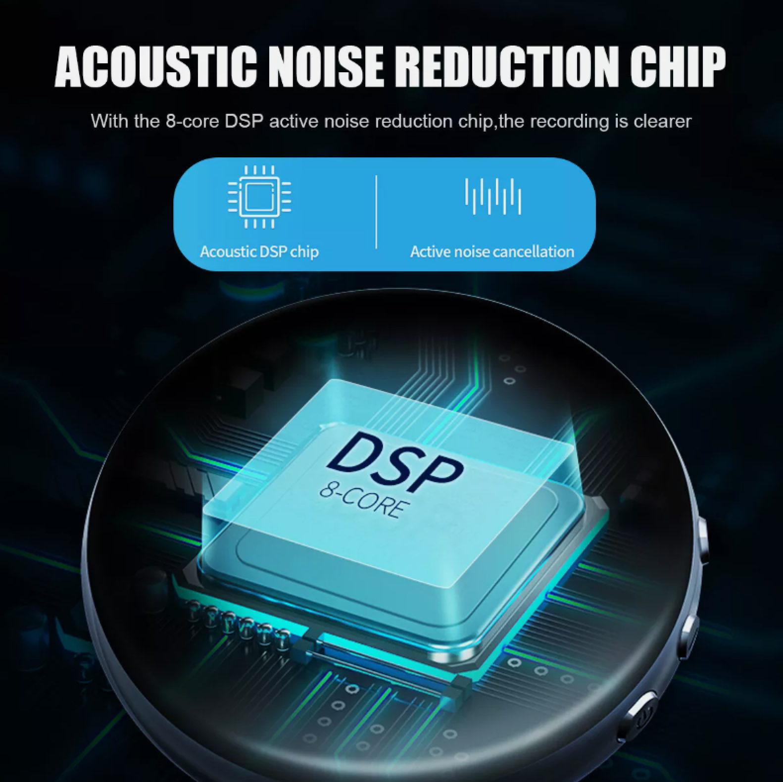 Ein 8-Kern DSP-Chip für aktive Geräuschunterdrückung, mit Symbolen.