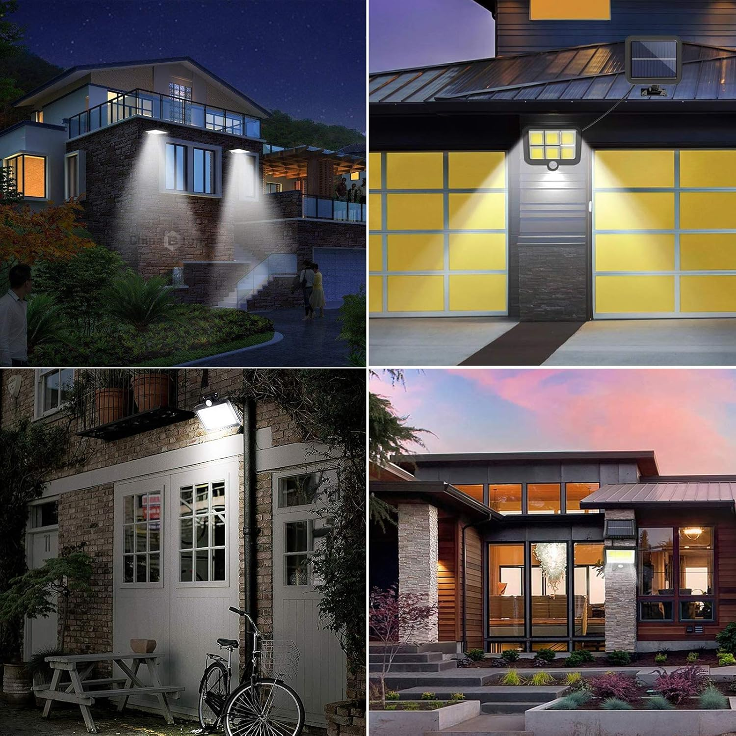 Vier Bilder zeigen moderne Häuser mit Solarleuchten, die Fassaden und Eingänge beleuchten.